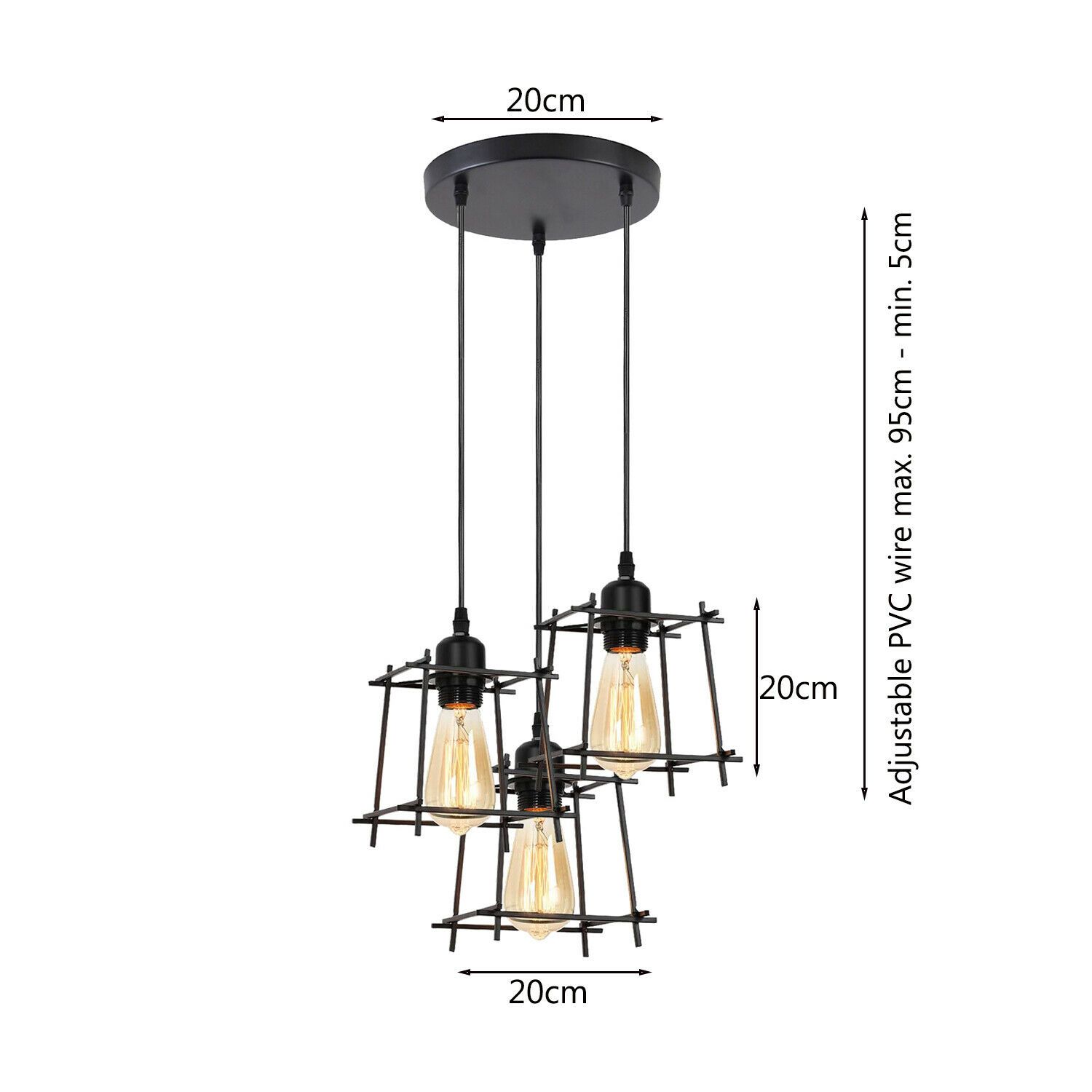 Industrial Square Wire Cage Ceiling Pendant Light with three light holders and black metal finish, perfect for modern decor.