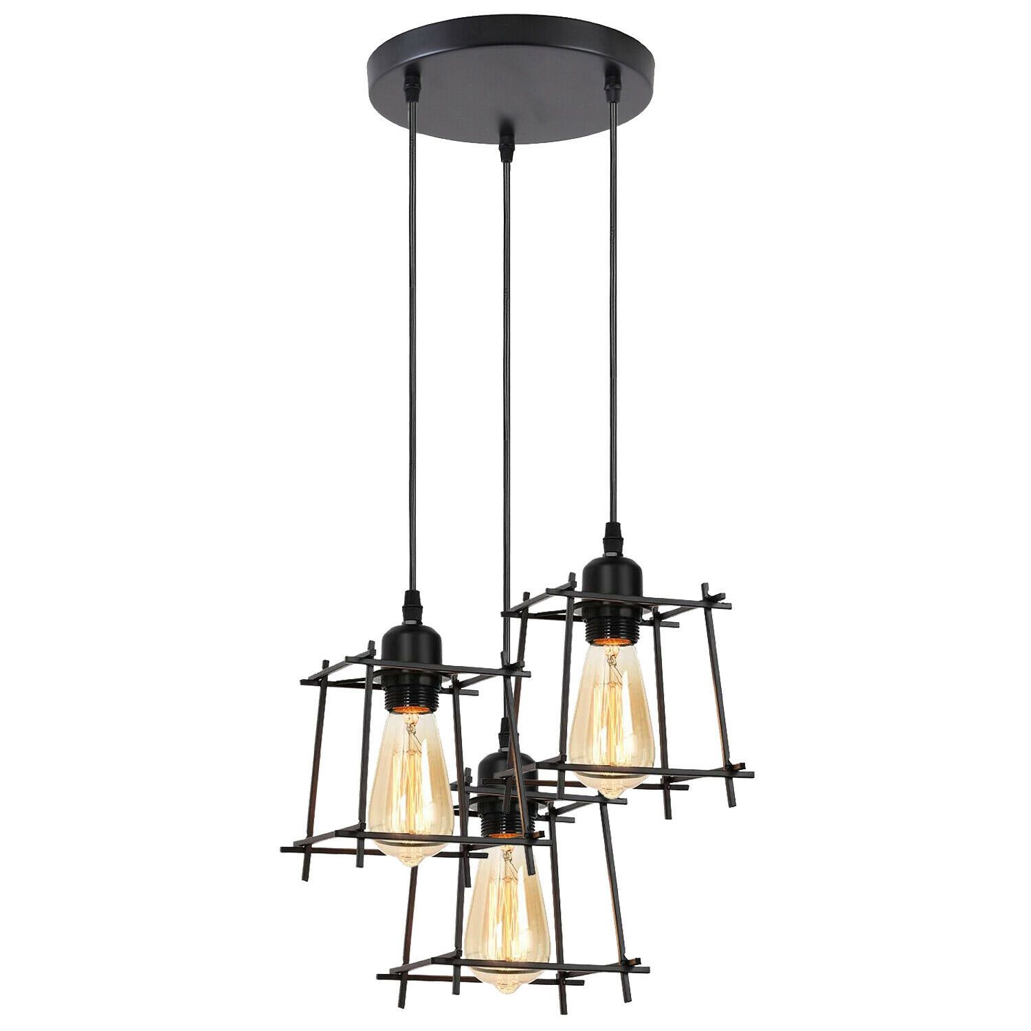 Industrial Square Wire Cage Ceiling Pendant Light with three light holders and black metal finish, perfect for modern decor.