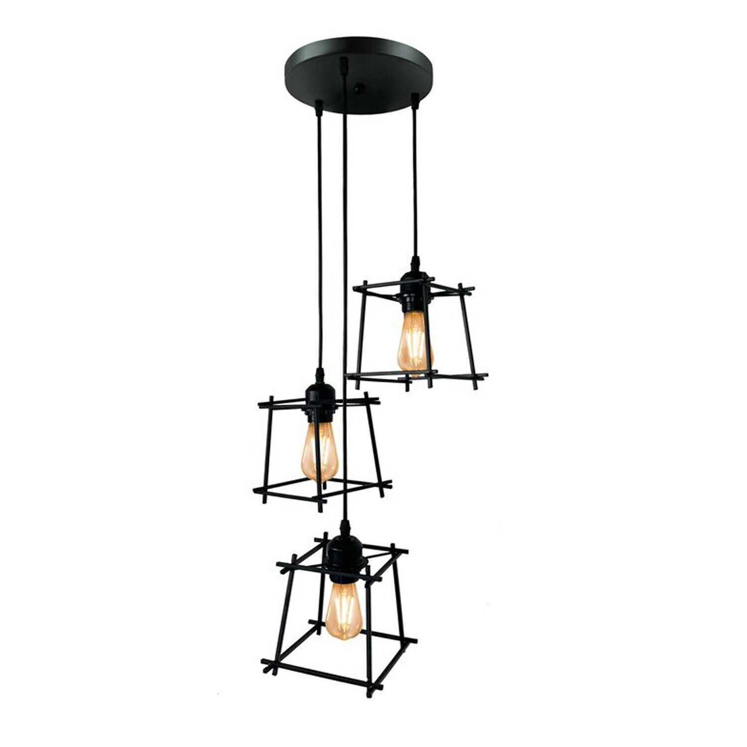 Industrial Square Wire Cage Ceiling Pendant Light with three light holders and black metal finish, perfect for modern decor.