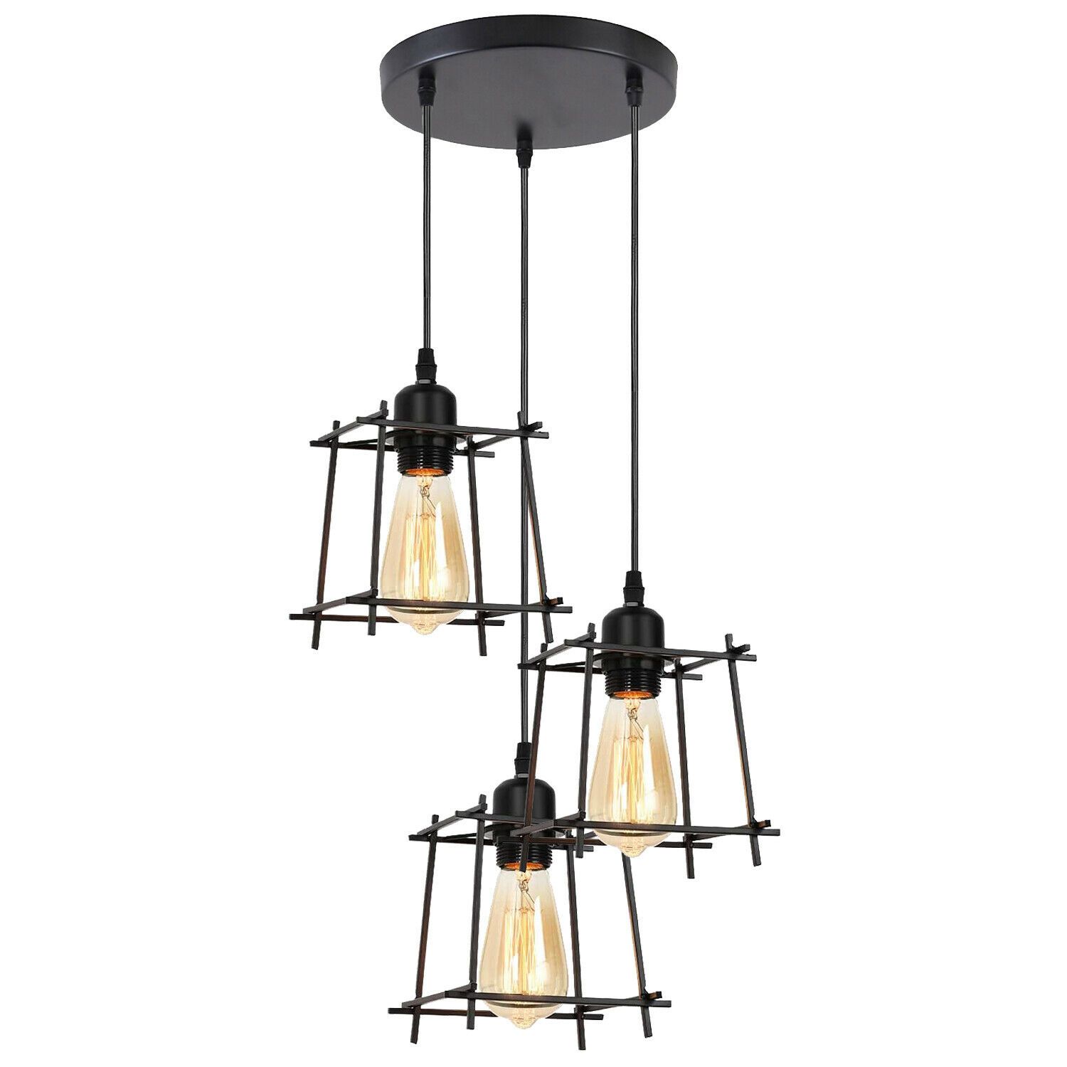 Industrial Square Wire Cage Ceiling Pendant Light with three light holders and black metal finish, perfect for modern decor.