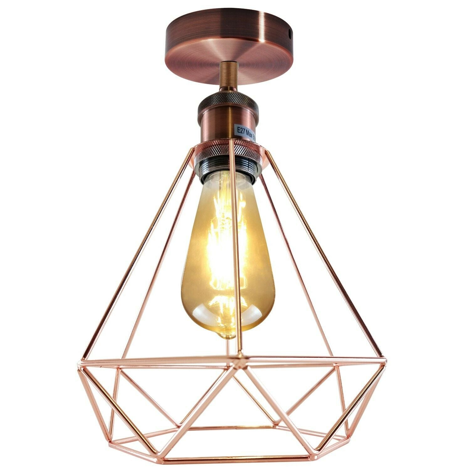 Industrial Vintage Ceiling Light with a modern cage design in rose gold and copper, showcasing its stylish and elegant appearance.