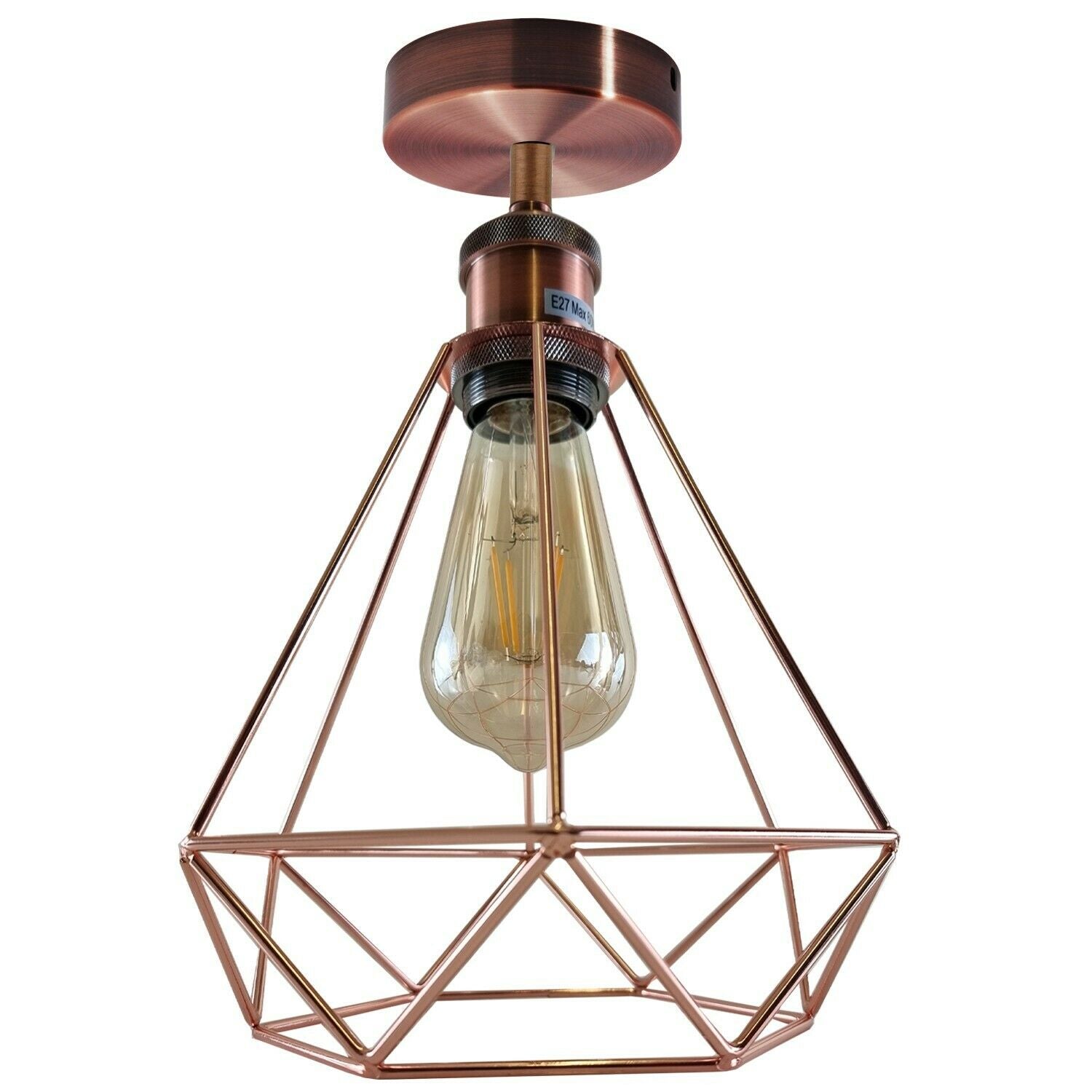 Industrial Vintage Ceiling Light with a modern cage design in rose gold and copper, showcasing its stylish and elegant appearance.