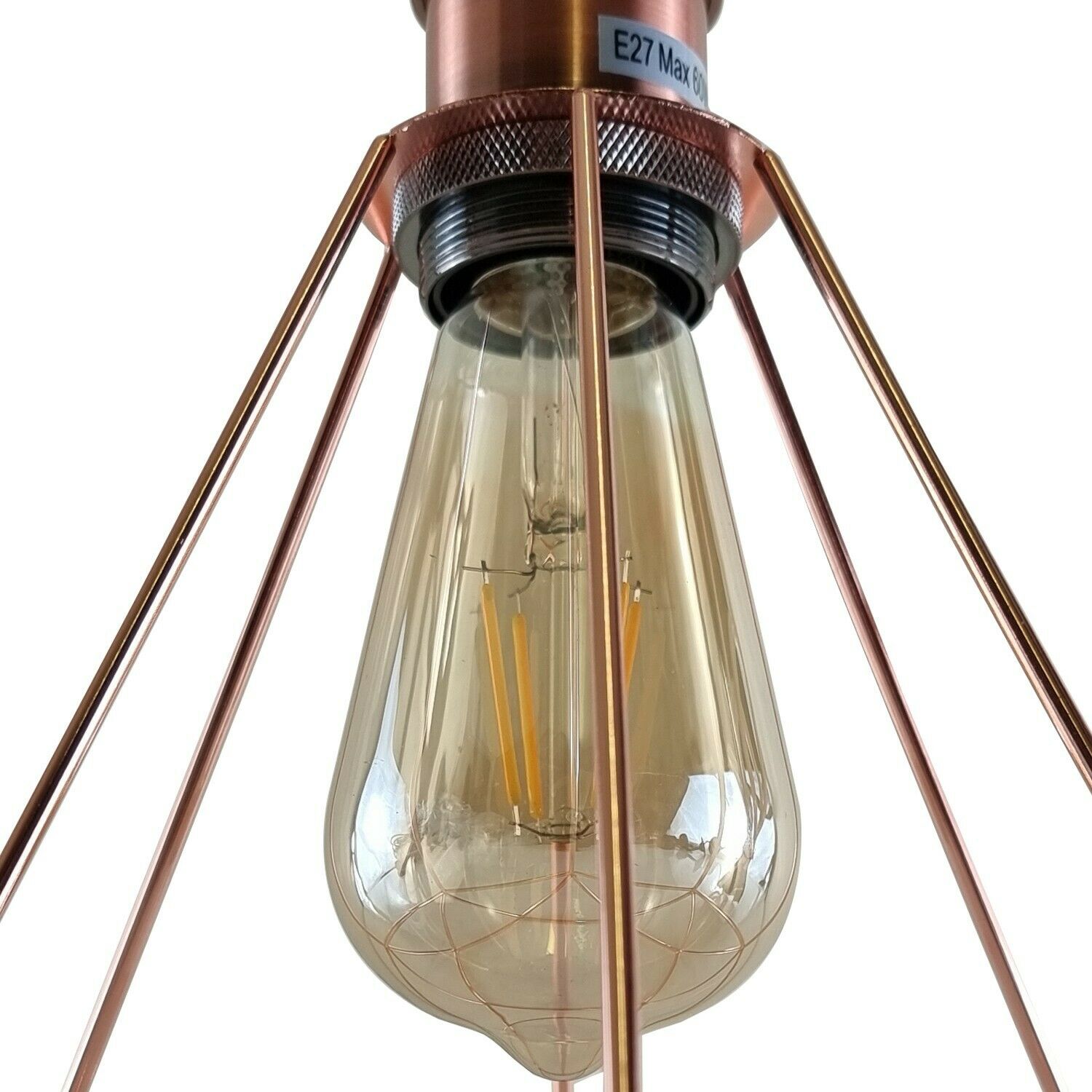 Industrial Vintage Ceiling Light with a modern cage design in rose gold and copper, showcasing its stylish and elegant appearance.