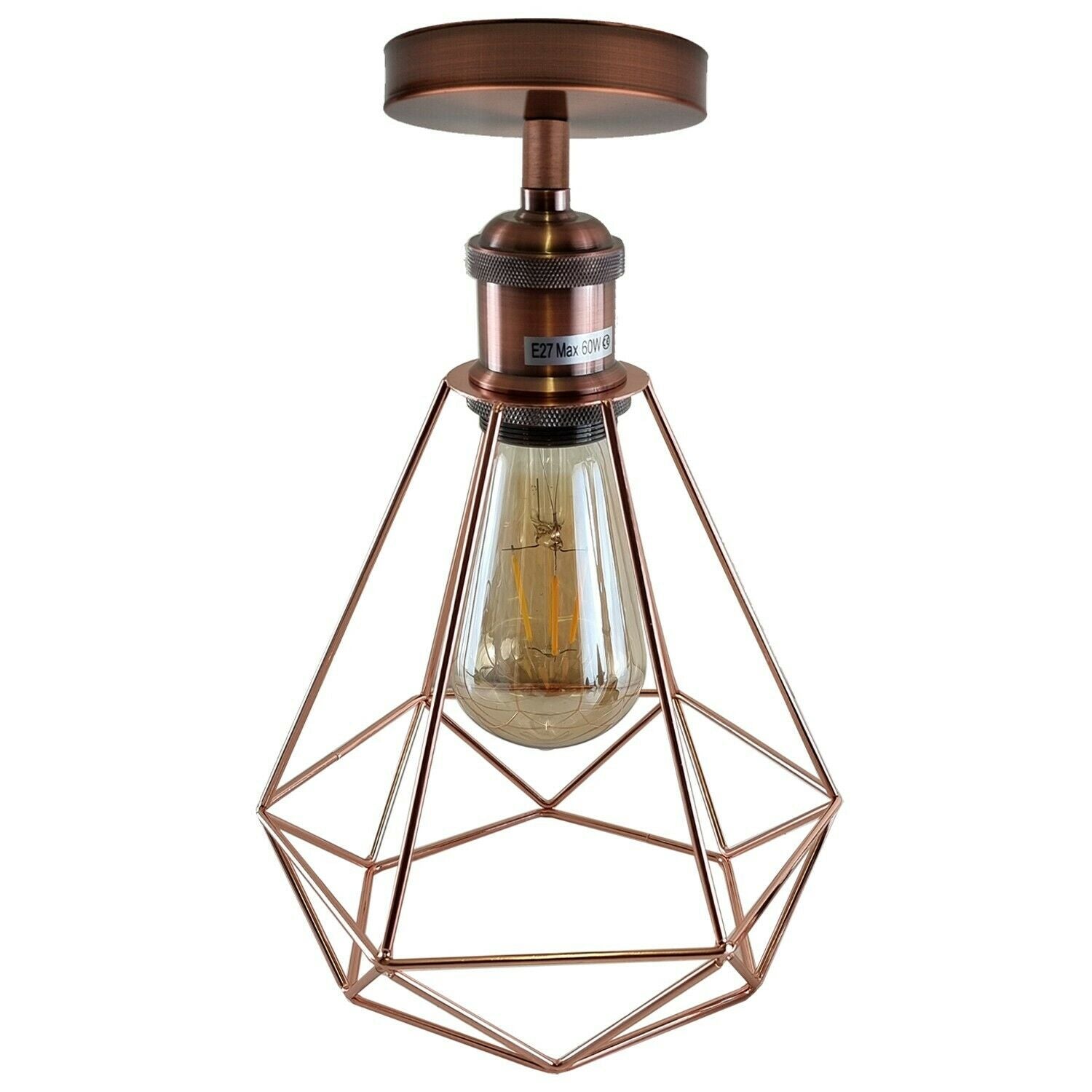 Industrial Vintage Ceiling Light with a modern cage design in rose gold and copper, showcasing its stylish and elegant appearance.