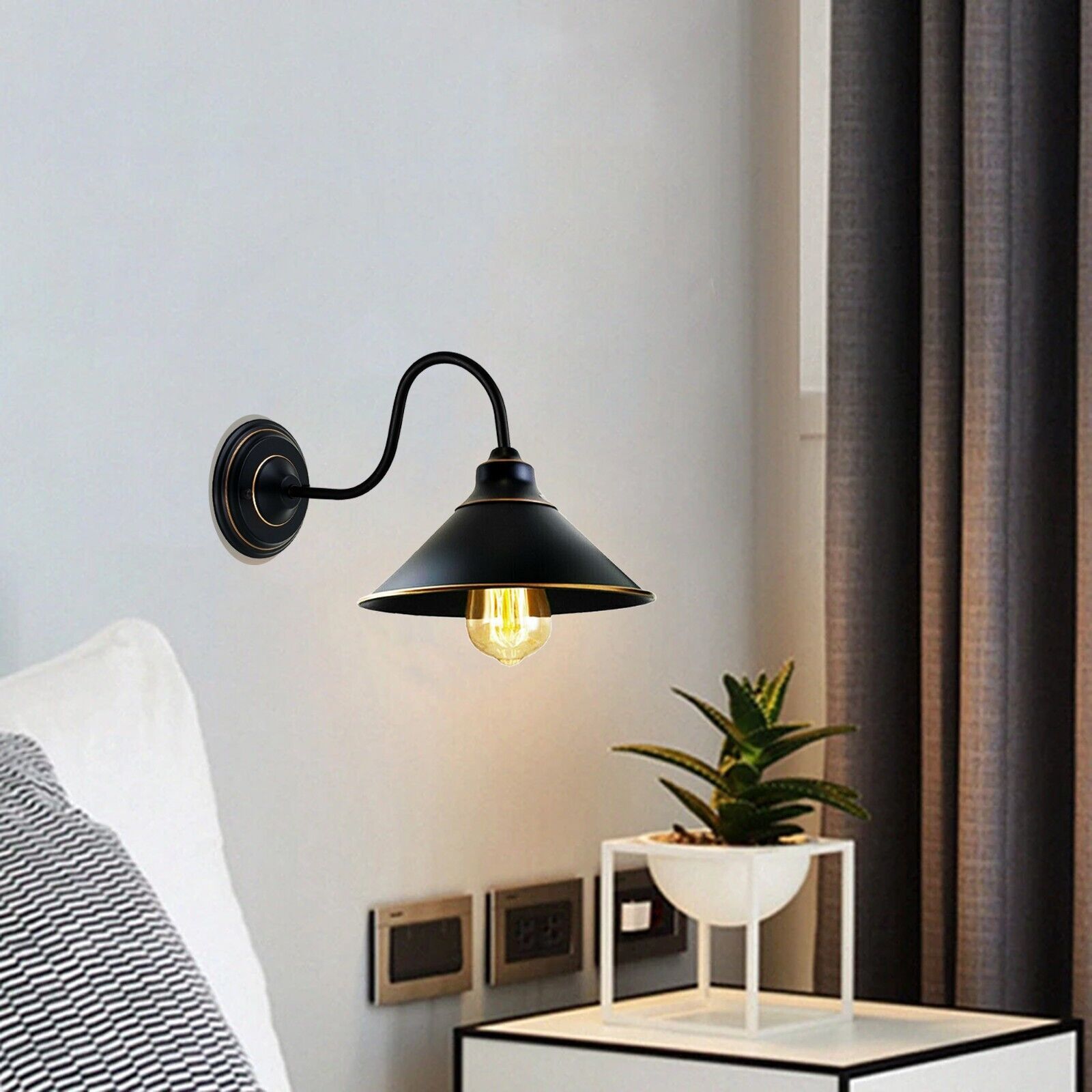 Industrial Vintage Metal Black Wall Lamp with E27 UK holder, showcasing elegant design and durable metal construction.