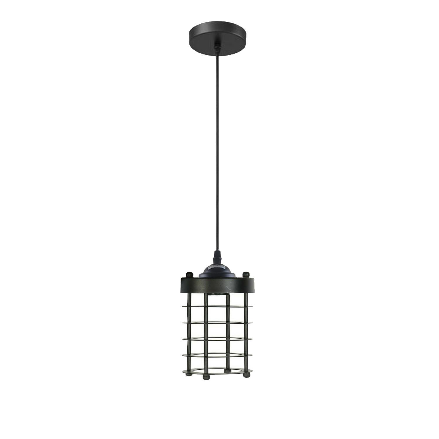 Industrial Vintage Pendant Light with spiral cage design, showcasing a rustic black finish, ideal for home and commercial decor.