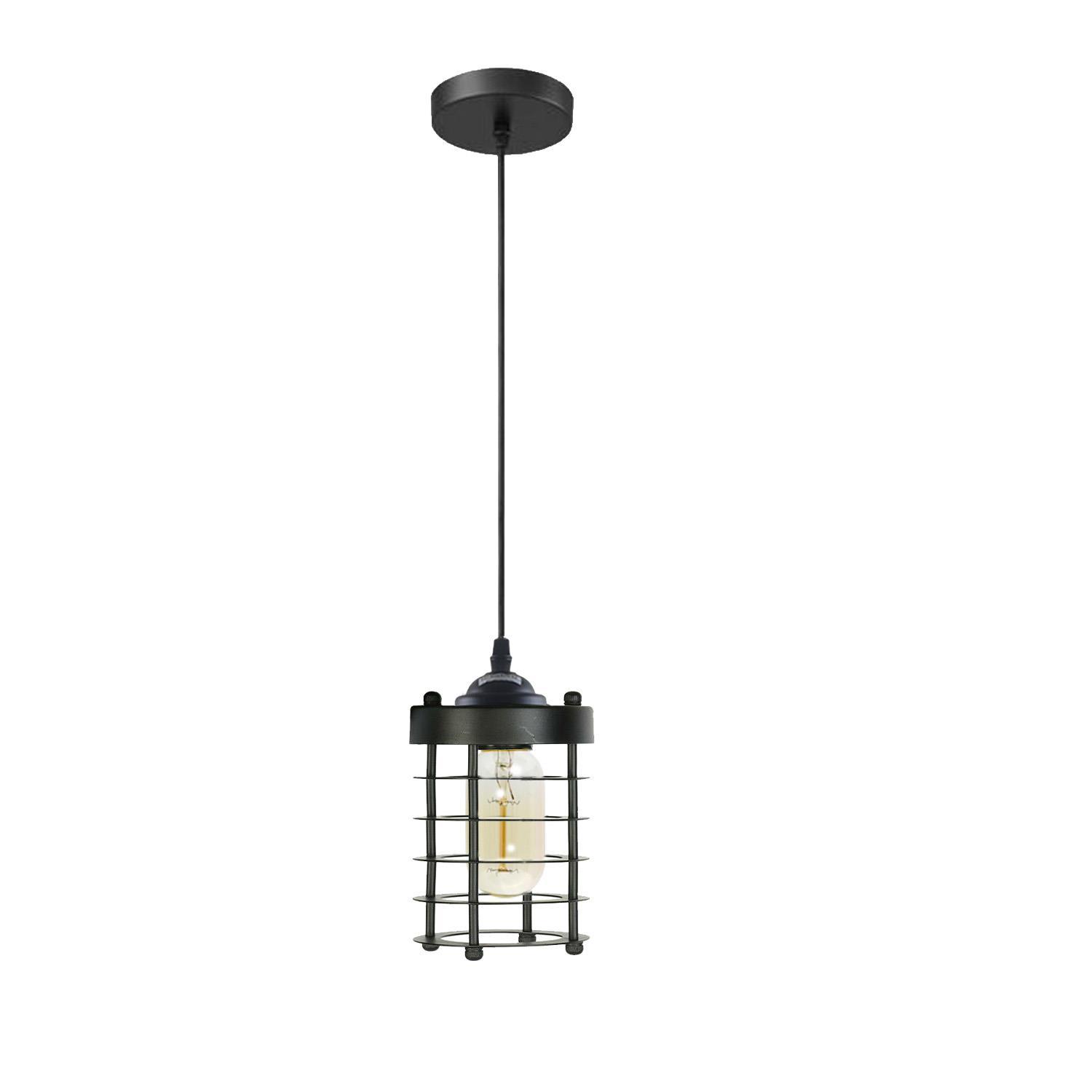 Industrial Vintage Pendant Light with spiral cage design, showcasing a rustic black finish, ideal for home and commercial decor.