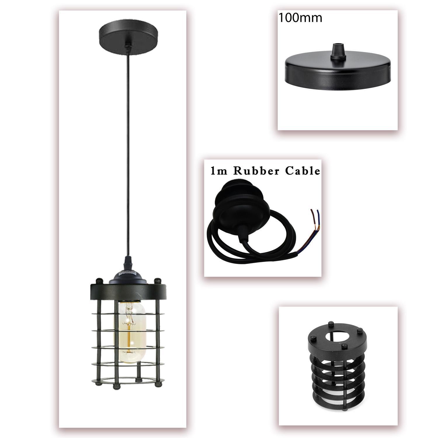 Industrial Vintage Pendant Light with spiral cage design, showcasing a rustic black finish, ideal for home and commercial decor.