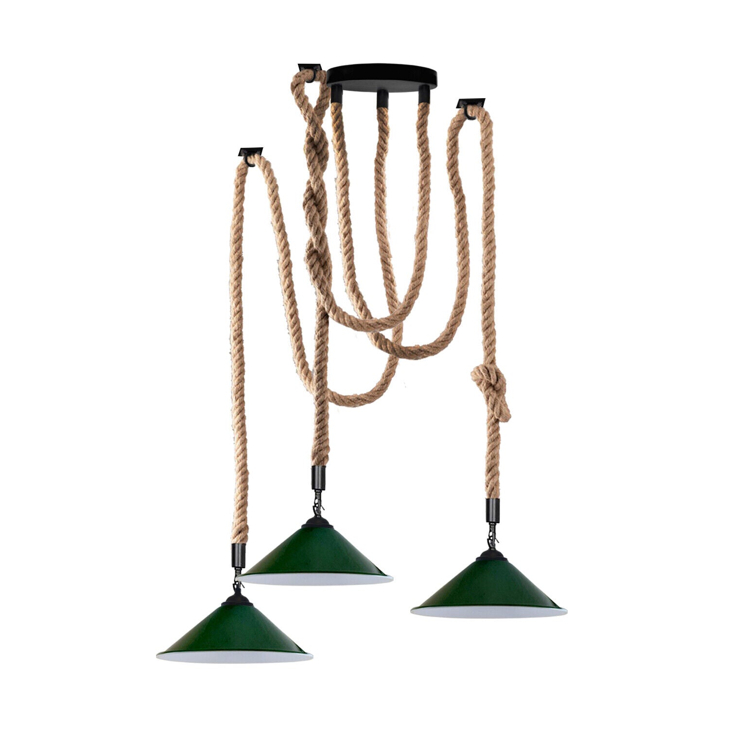 Industrial vintage retro 3 head hemp spider chandelier in cone green, featuring three adjustable lamp heads and a rustic design.