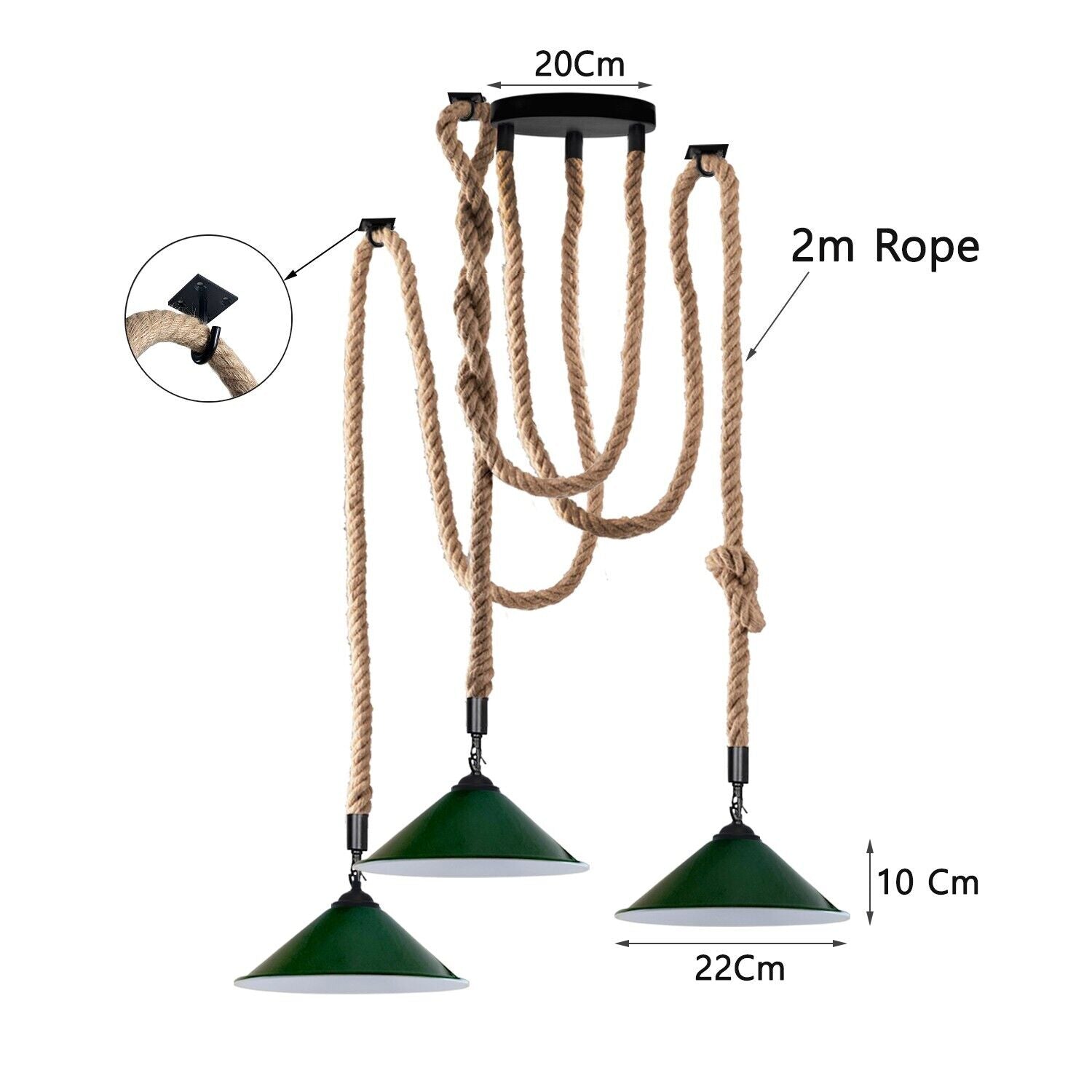 Industrial vintage retro 3 head hemp spider chandelier in cone green, featuring three adjustable lamp heads and a rustic design.