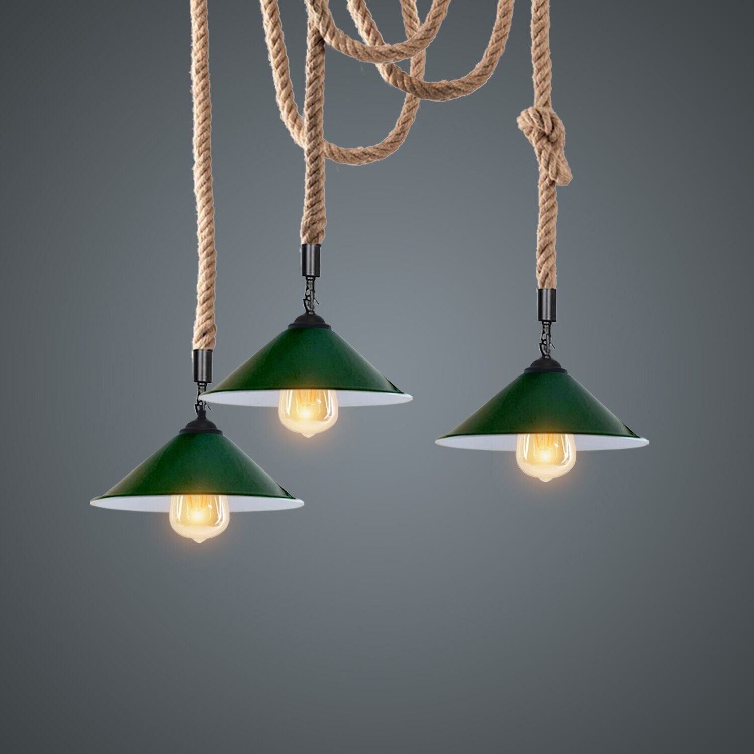 Industrial vintage retro 3 head hemp spider chandelier in cone green, featuring three adjustable lamp heads and a rustic design.