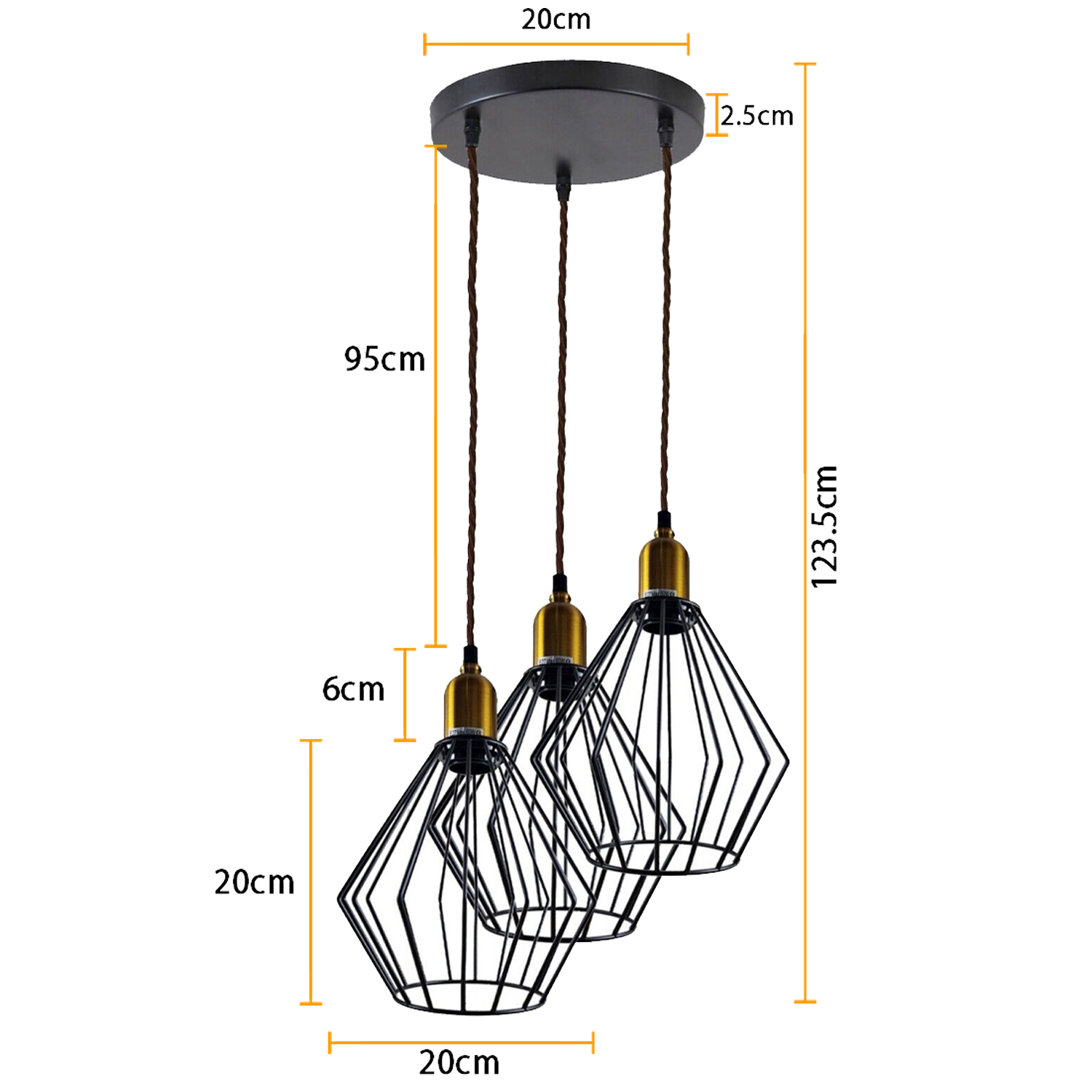 Vintage Retro 3 Head Round Ceiling Wire Cage Pendant lamp with three light holders and adjustable cable, showcasing an industrial design.