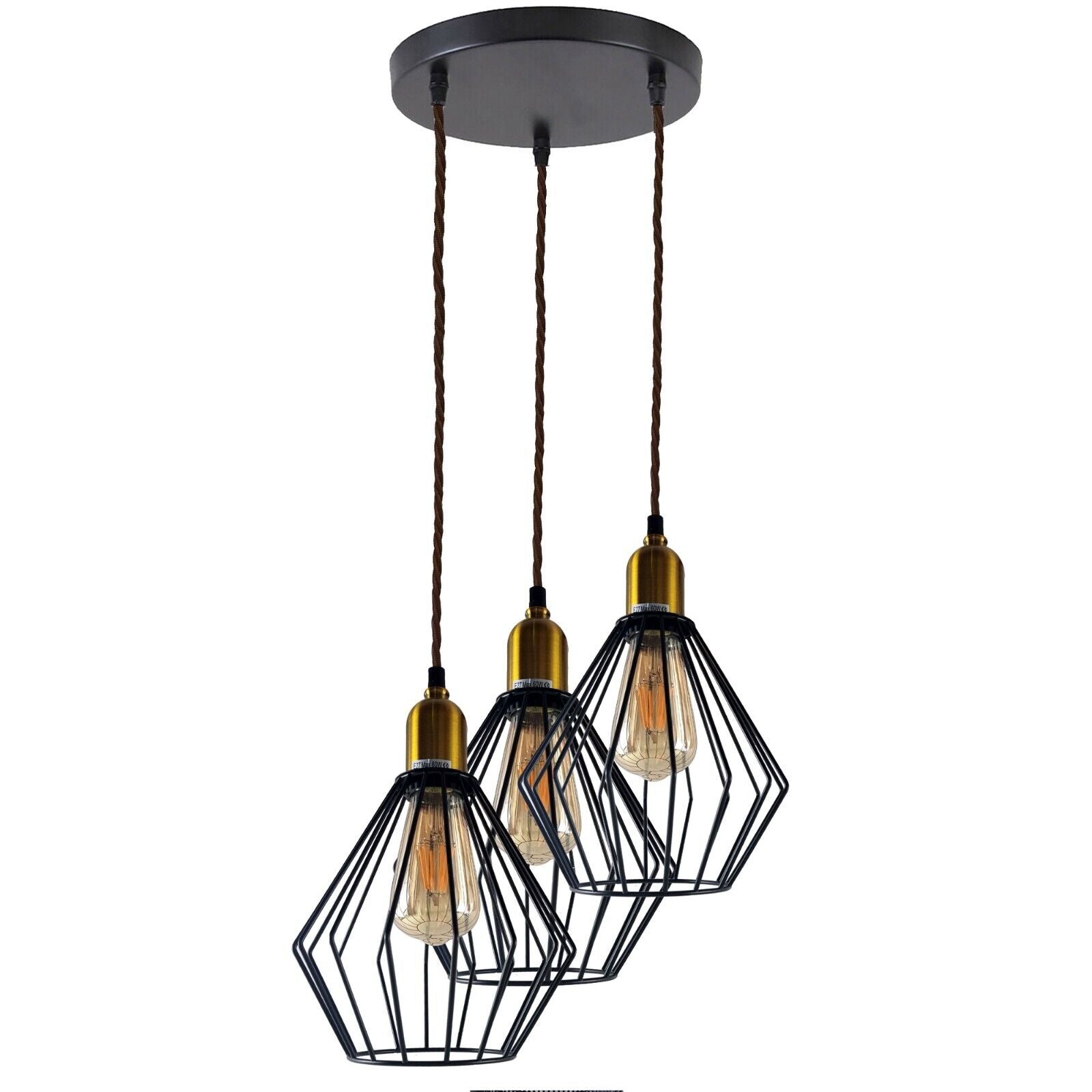 Vintage Retro 3 Head Round Ceiling Wire Cage Pendant lamp with three light holders and adjustable cable, showcasing an industrial design.