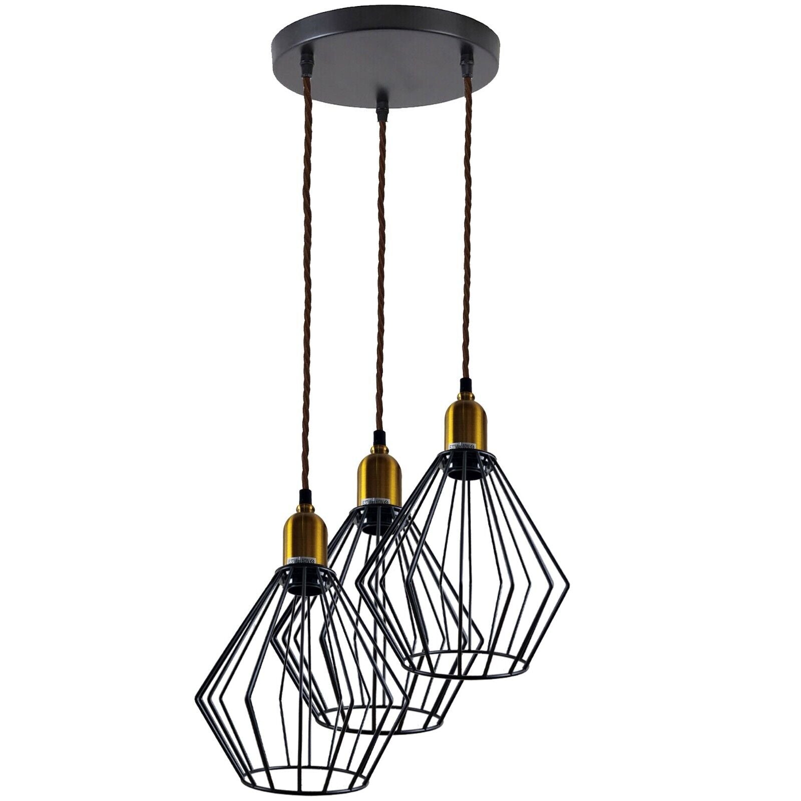 Vintage Retro 3 Head Round Ceiling Wire Cage Pendant lamp with three light holders and adjustable cable, showcasing an industrial design.