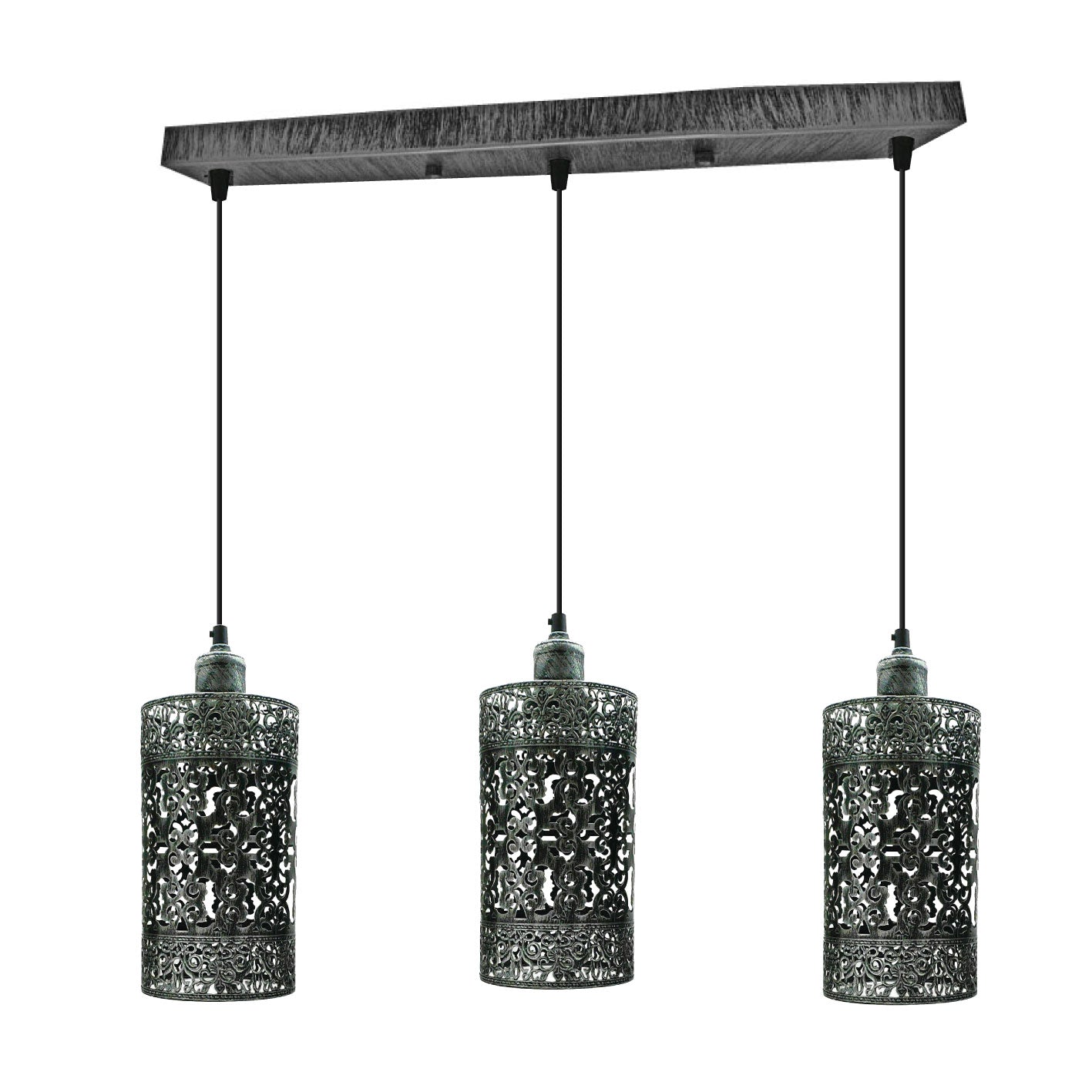 Industrial Vintage Retro 3 Way Pendant Lamp in Brushed Silver with three metal barrel cages and adjustable cables.