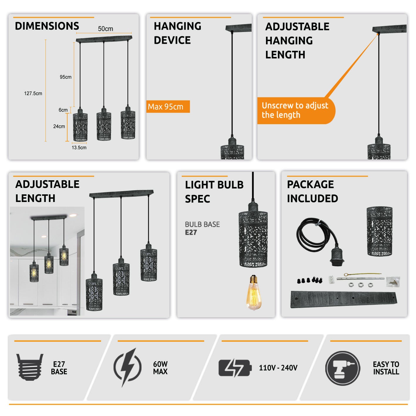 Industrial Vintage Retro 3 Way Pendant Lamp in Brushed Silver with three metal barrel cages and adjustable cables.