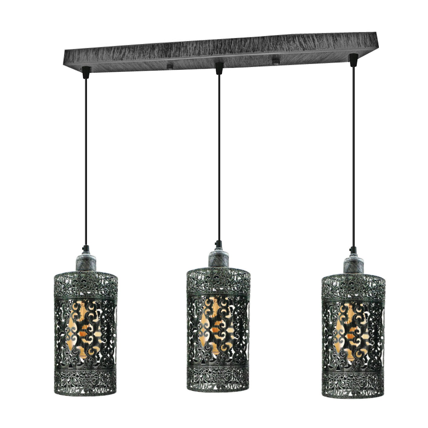 Industrial Vintage Retro 3 Way Pendant Lamp in Brushed Silver with three metal barrel cages and adjustable cables.