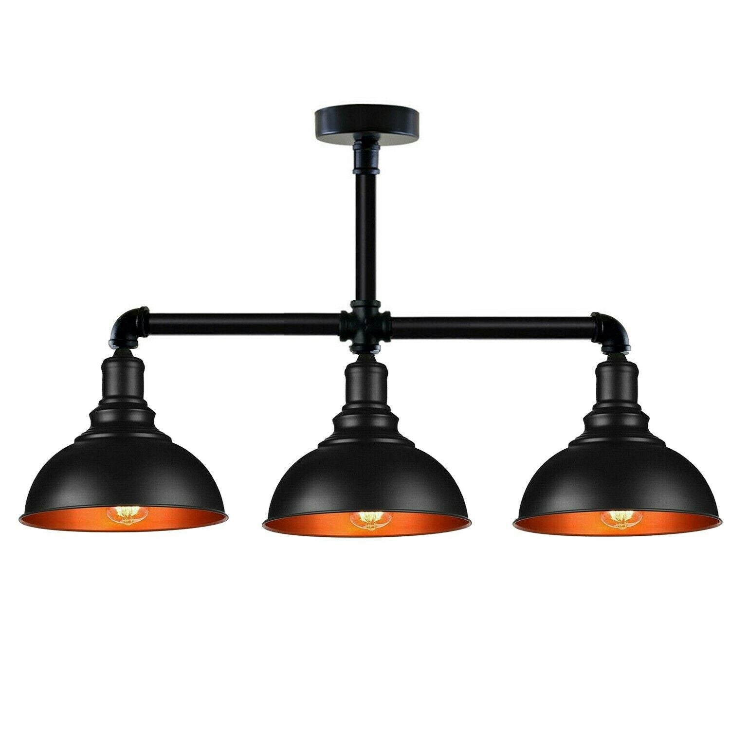 Industrial Vintage Retro Ceiling Pipe Light with black dome shade and three E27 bulb holders, showcasing a rustic metal design.