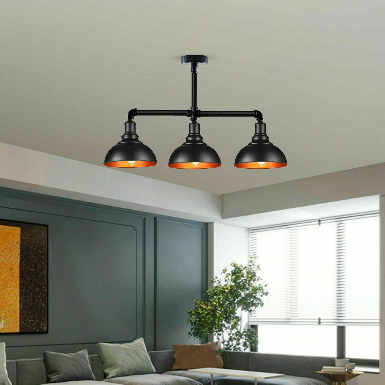 Industrial Vintage Retro Ceiling Pipe Light with black dome shade and three E27 bulb holders, showcasing a rustic metal design.