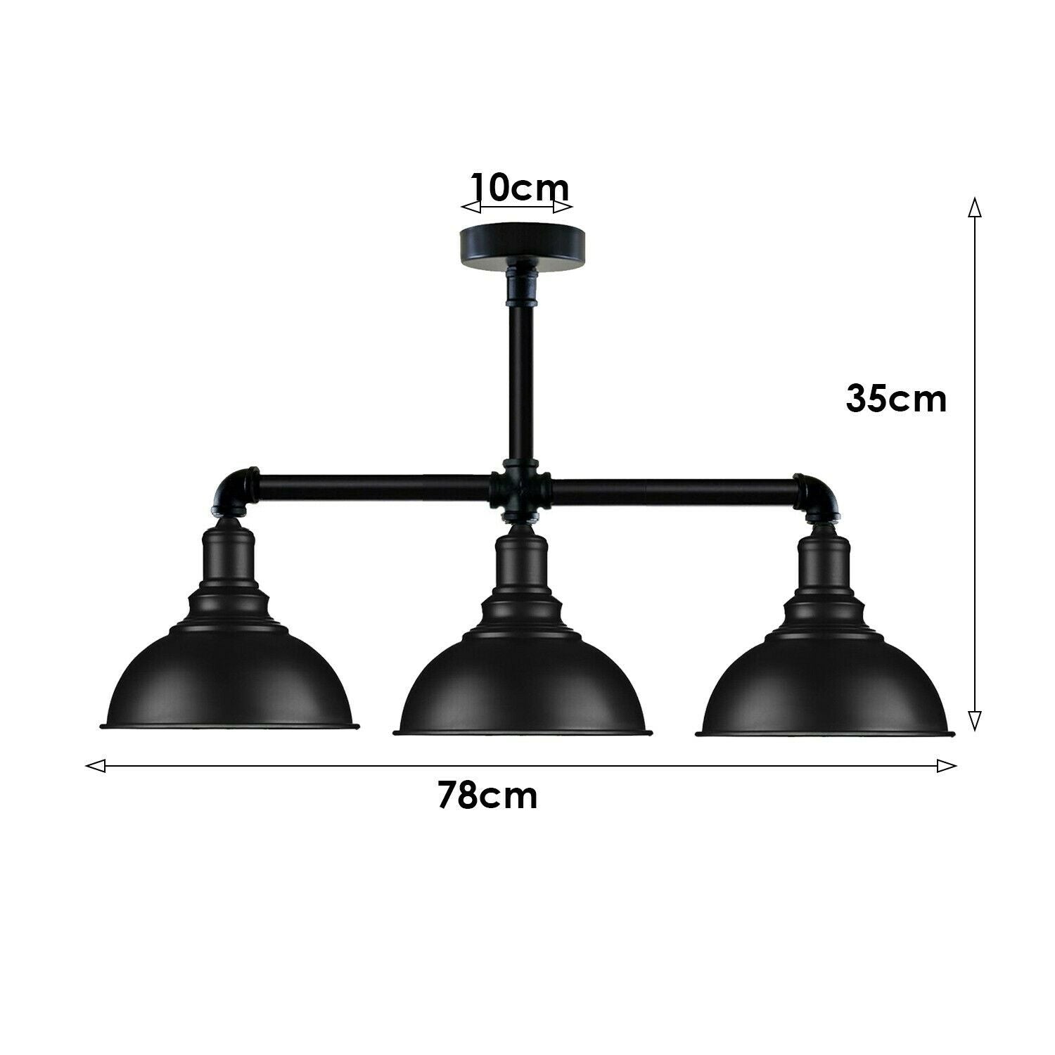 Industrial Vintage Retro Ceiling Pipe Light with black dome shade and three E27 bulb holders, showcasing a rustic metal design.