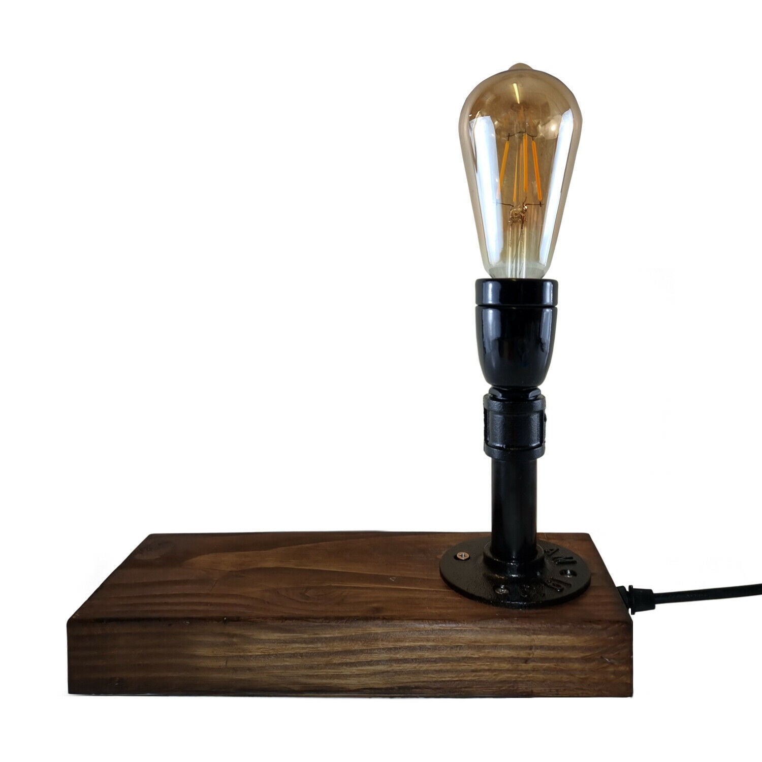 Industrial Vintage Retro Water Pipe Steampunk Table Lamp with black metal design and wood base, perfect for home decor.