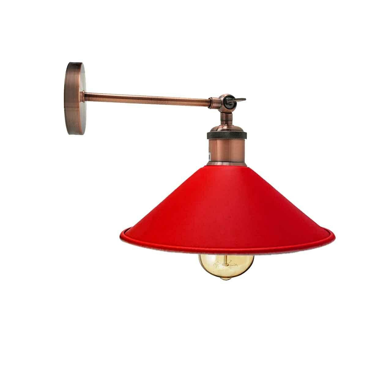 Industrial wall lamp in vintage red color with adjustable arm and cone-shaped shade, perfect for retro decor.