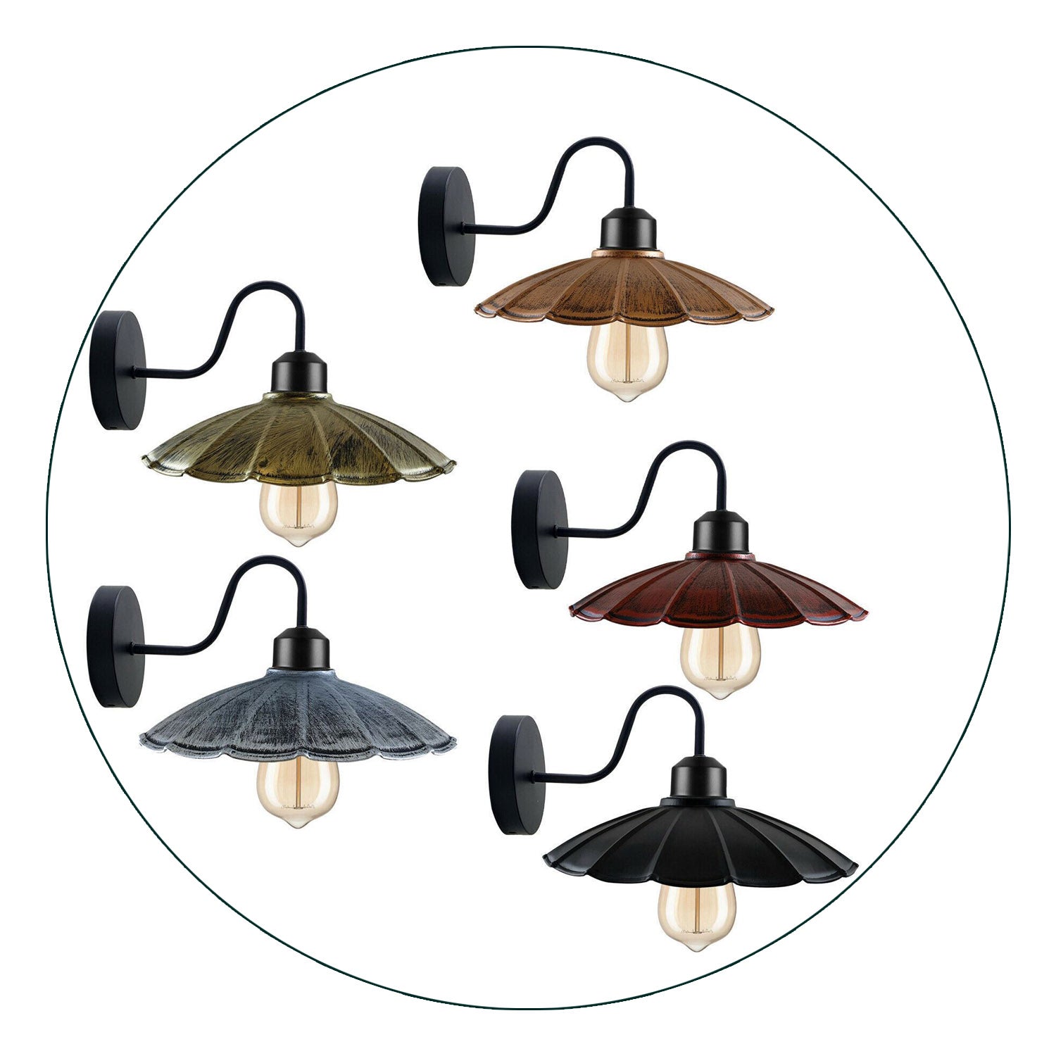 Industrial wall light with a metal lamp shade in various colors, showcasing rustic elegance and modern design.