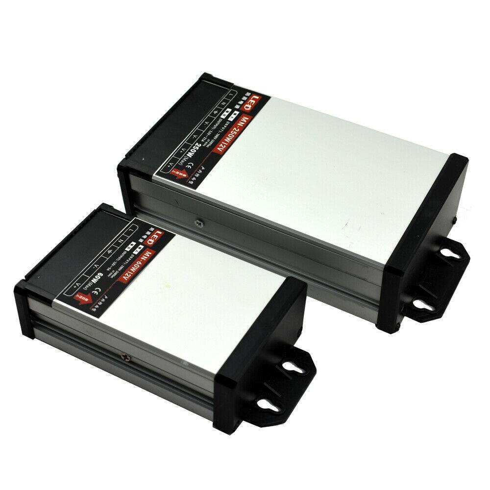 IP45 Rainproof 12V LED Driver Transformer Power Supply with aluminum casing, designed for outdoor LED lighting applications.