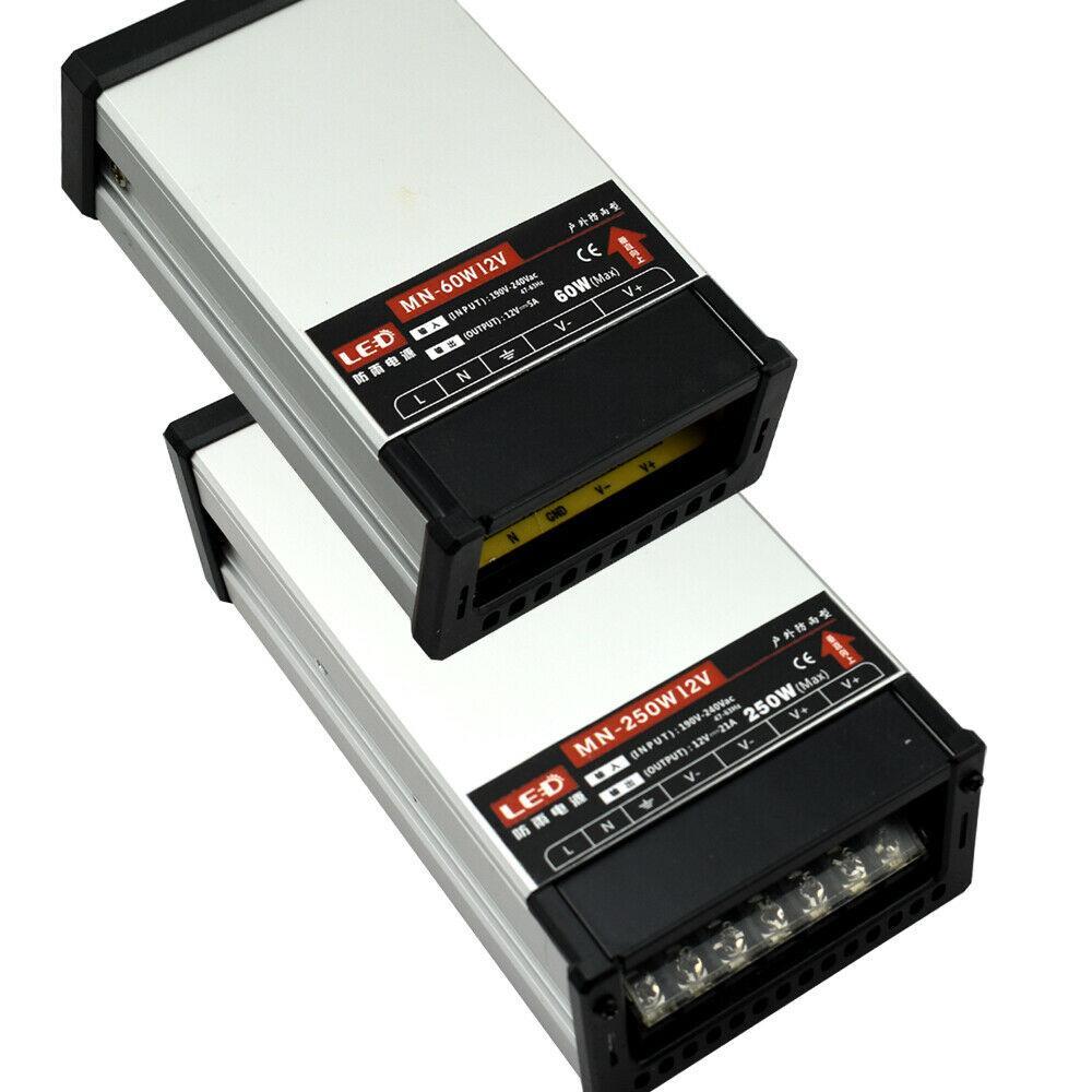 IP45 Rainproof 12V LED Driver Transformer Power Supply with aluminum casing, designed for outdoor LED lighting applications.