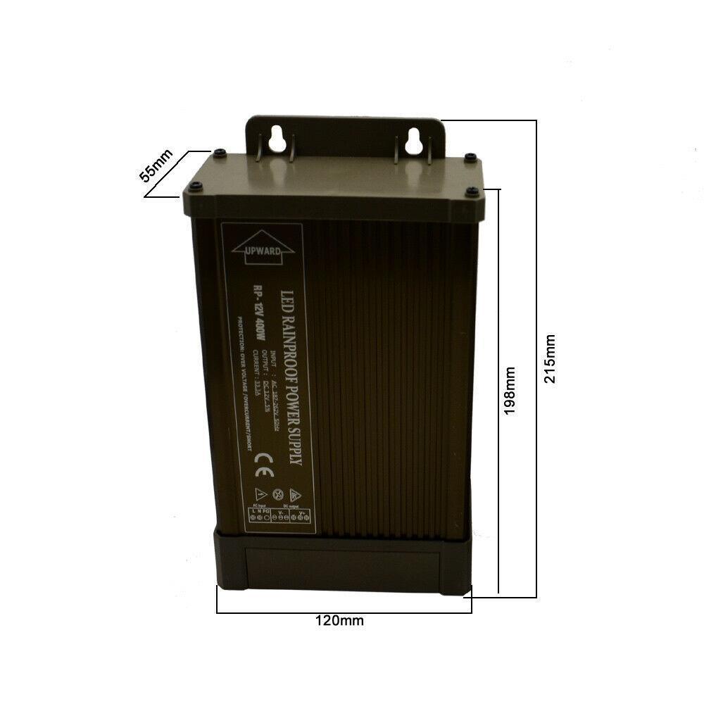 IP45 Rainproof 12V LED Driver Transformer Power Supply with aluminum casing, designed for outdoor LED lighting applications.