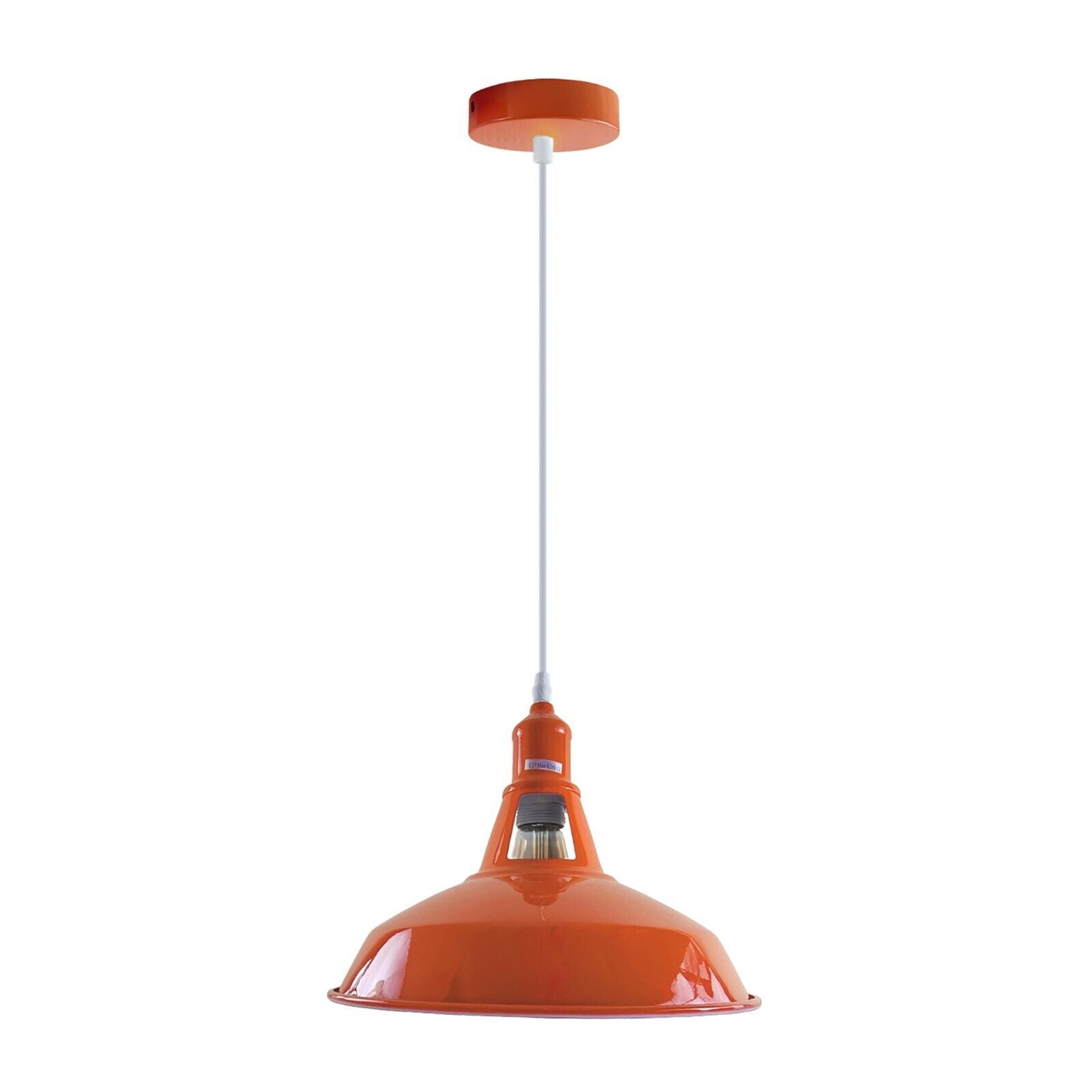 Orange metal kitchen pendant light shade with a classic retro design, perfect for various indoor spaces.