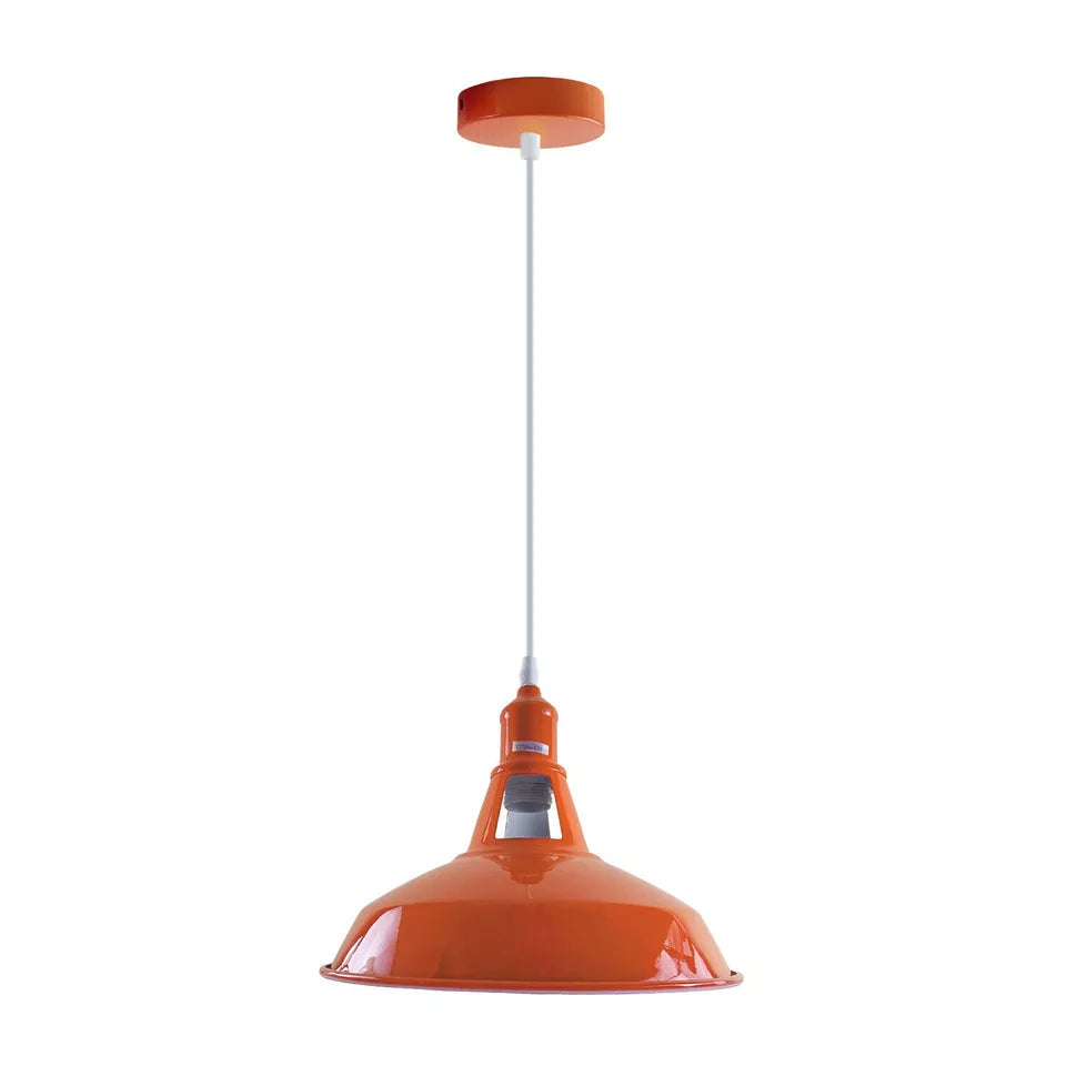 Orange metal kitchen pendant light shade with a classic retro design, perfect for various indoor spaces.