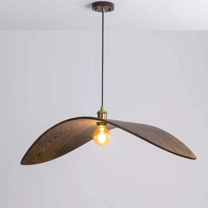 Elegant Leaf Lights chandelier with a minimalist design, handcrafted from wood, featuring a warm brown lampshade and LED bulbs.