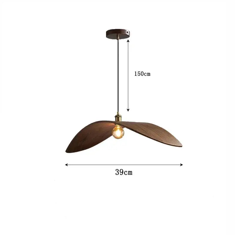 Elegant Leaf Lights chandelier with a minimalist design, handcrafted from wood, featuring a warm brown lampshade and LED bulbs.