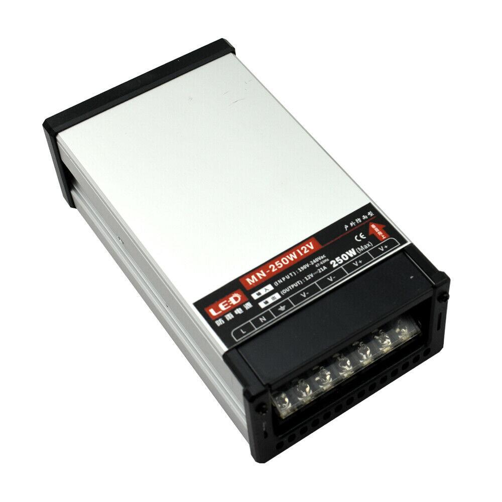 LED DC 12V 250W Rainproof Power Supply for outdoor lighting, featuring an aluminum case and IP45 waterproof rating.