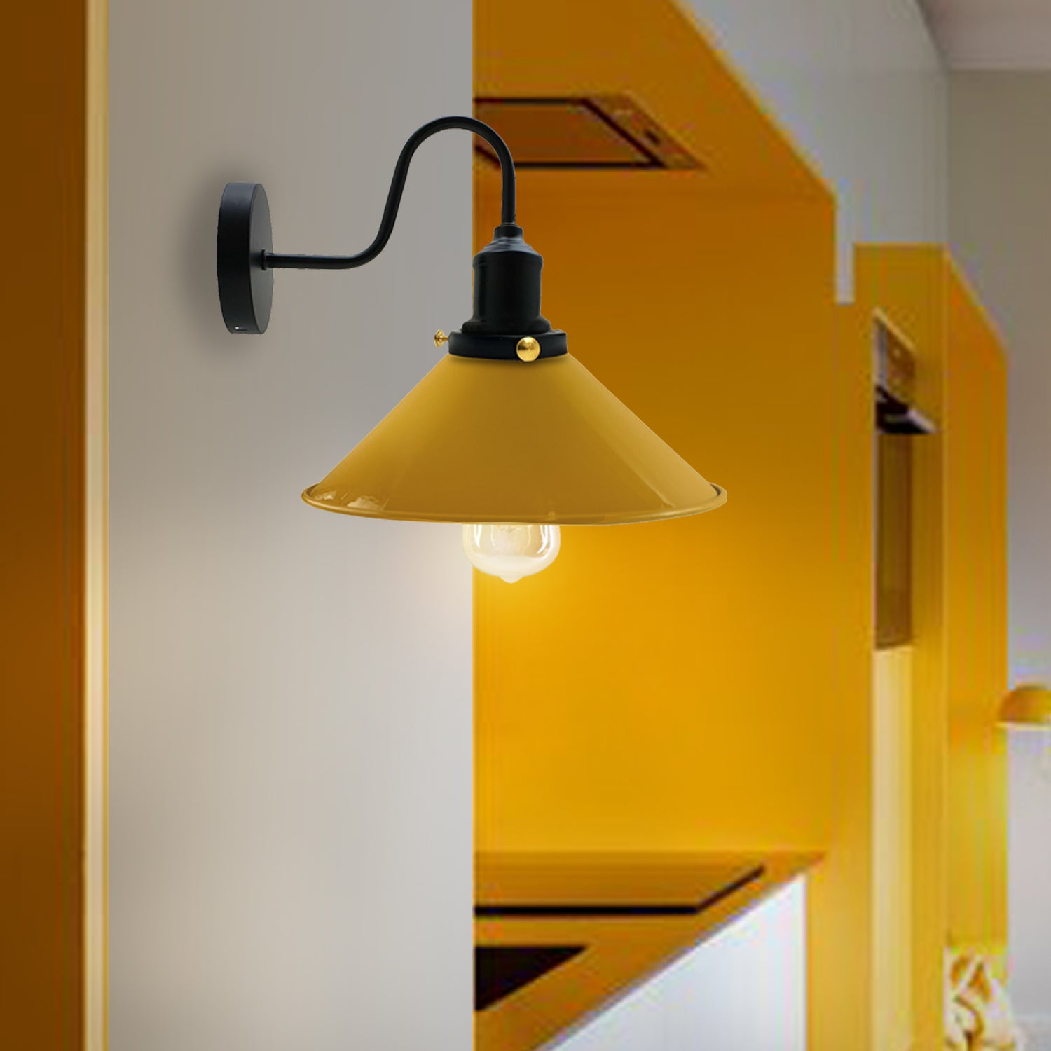 LEDSone Industrial Vintage Swan Neck Indoor Sconce with yellow metal cone shade, showcasing rustic elegance and modern design.