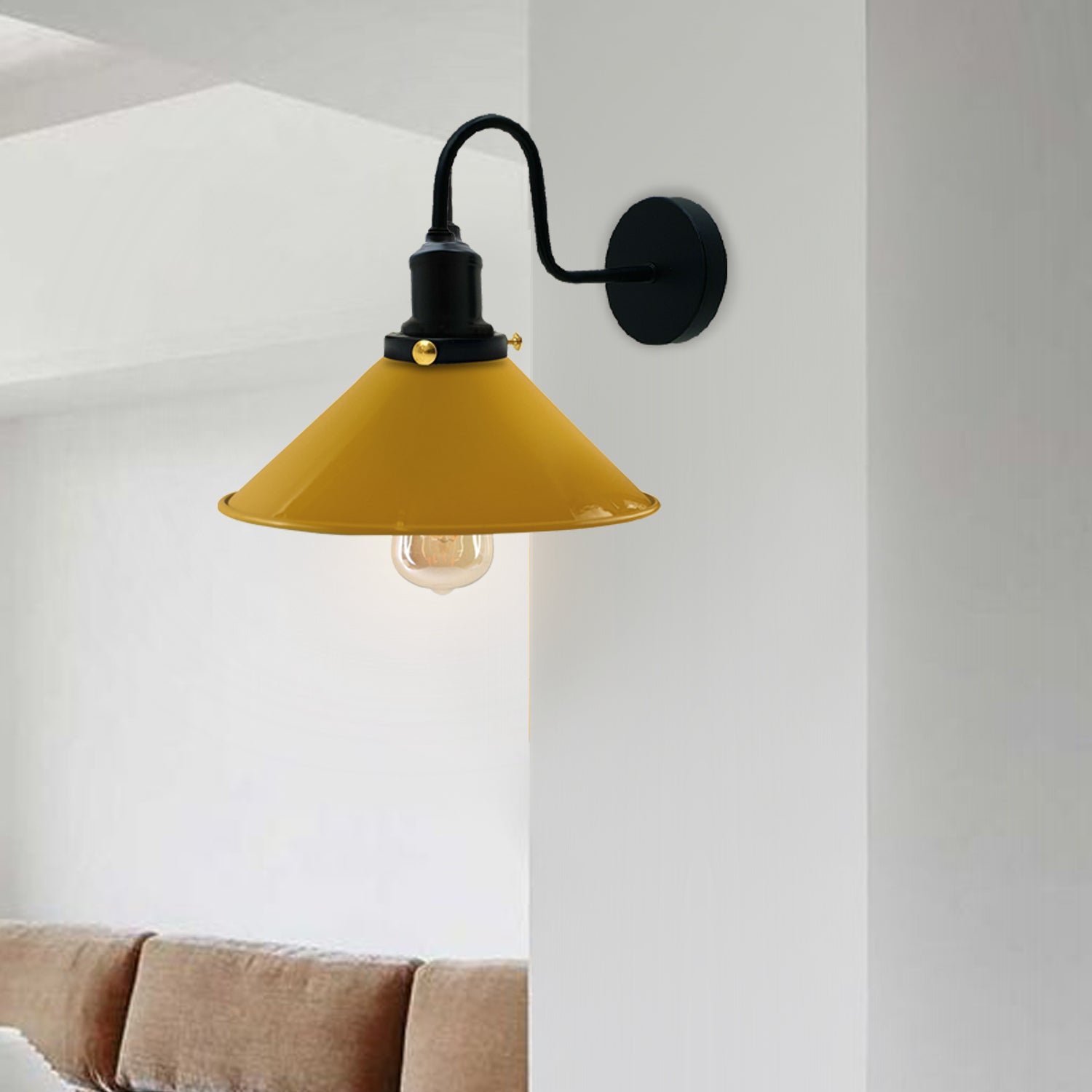 LEDSone Industrial Vintage Swan Neck Indoor Sconce with yellow metal cone shade, showcasing rustic elegance and modern design.