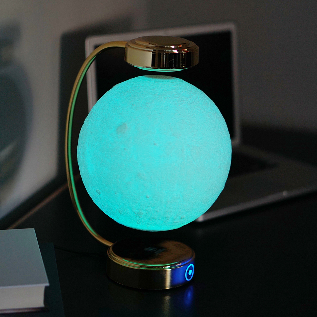 A beautifully designed 8-inch levitating moon lamp showcasing realistic lunar details and soothing colors, floating in mid-air.