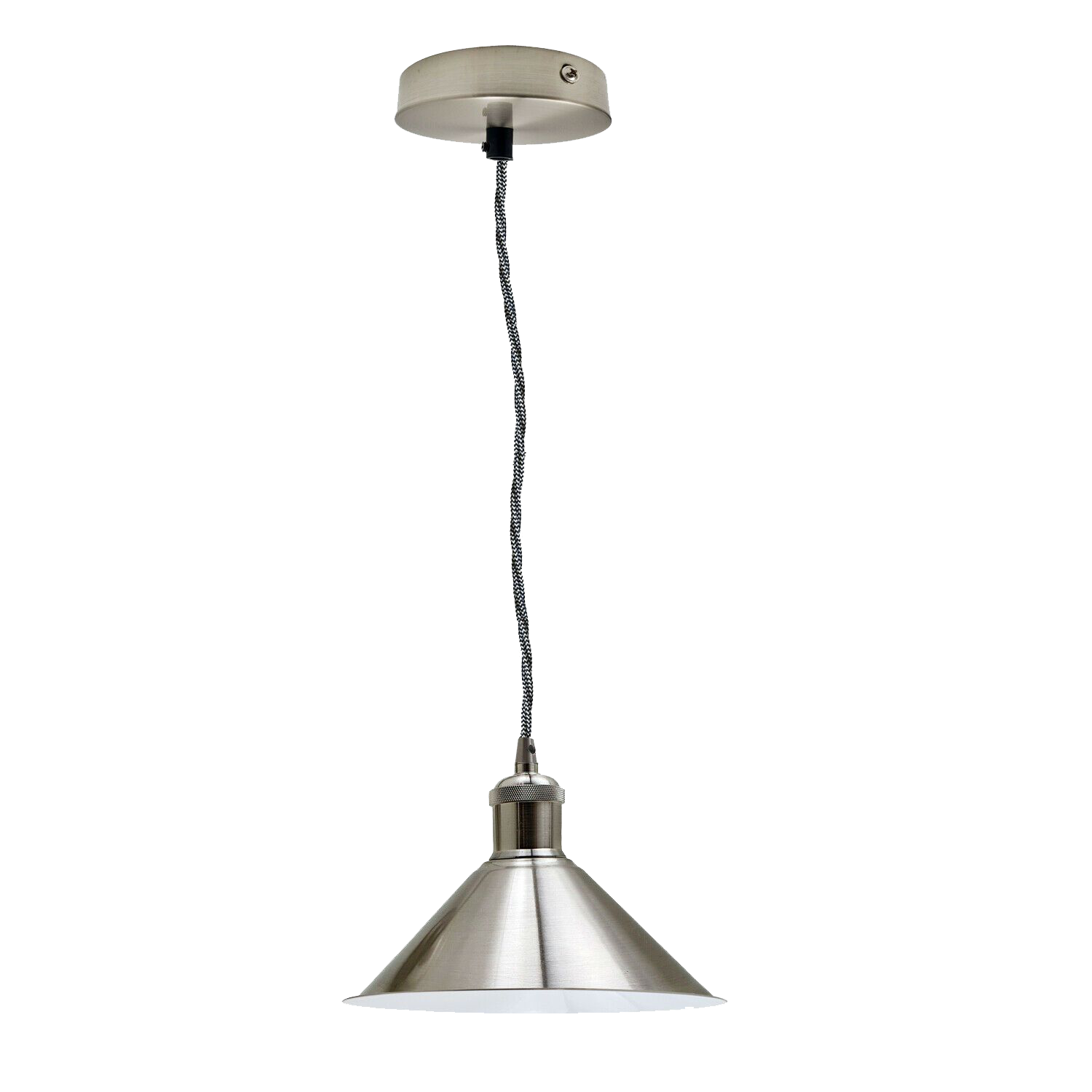 Vintage loft style metal ceiling pendant lamp with satin nickel finish, featuring a single E27 bulb holder and 95cm fabric cable.