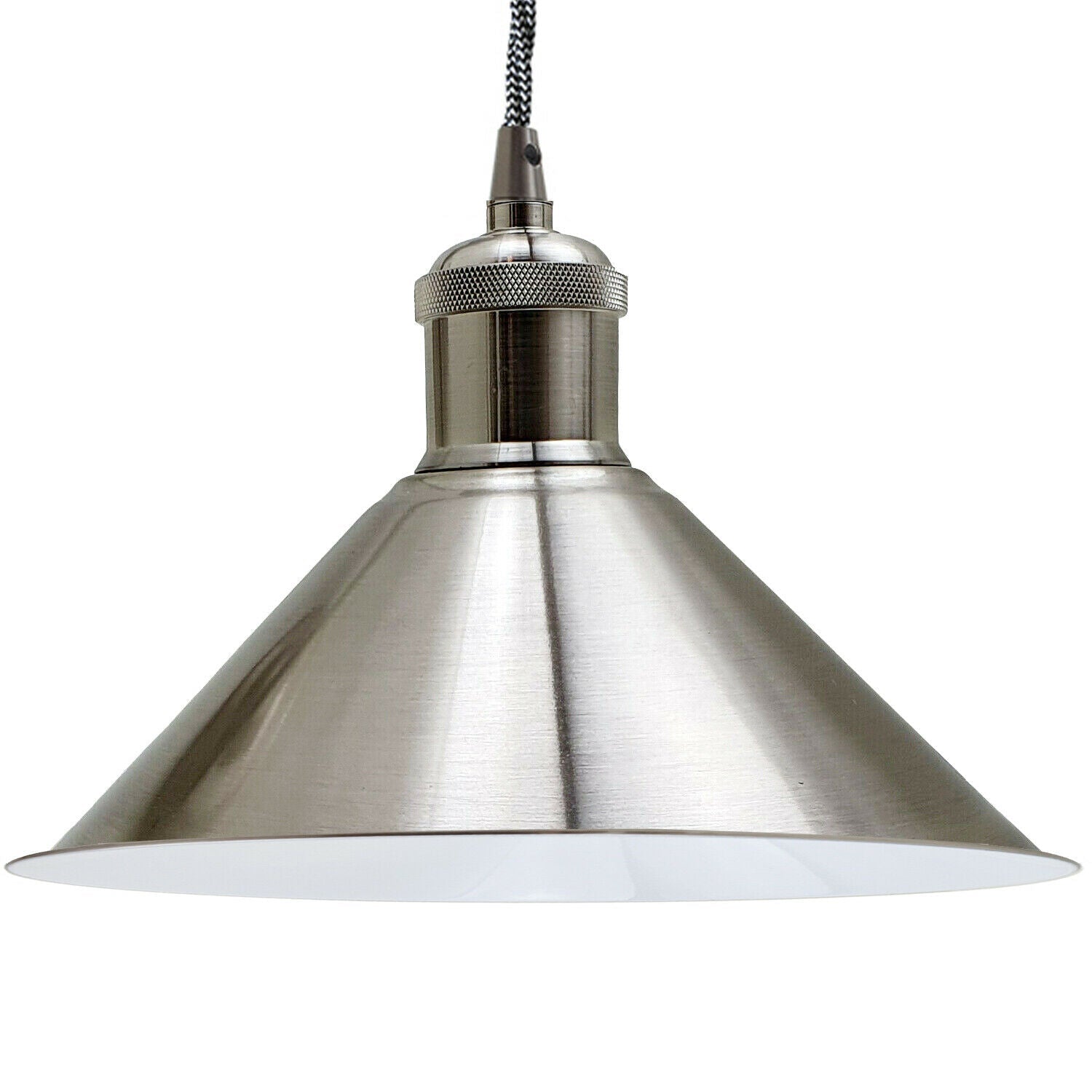 Vintage loft style metal ceiling pendant lamp with satin nickel finish, featuring a single E27 bulb holder and 95cm fabric cable.