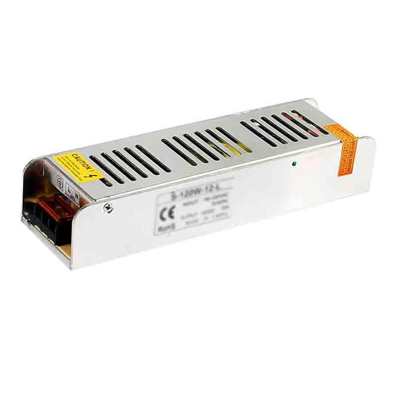 Mini IP20 12V LED Transformer 120W with universal input, designed for indoor use, featuring a compact size and safety certifications.