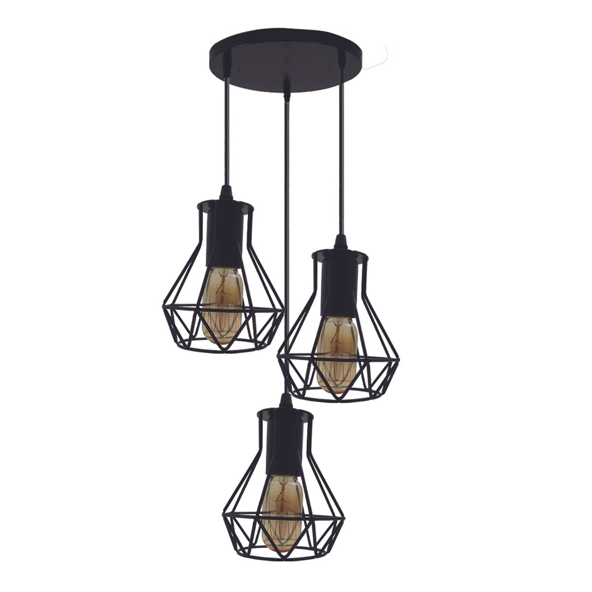 Modern 3 Head Pendant Light Cluster featuring a diamond cage design, black finish, and three E27 lamp holders, ideal for contemporary home decor.