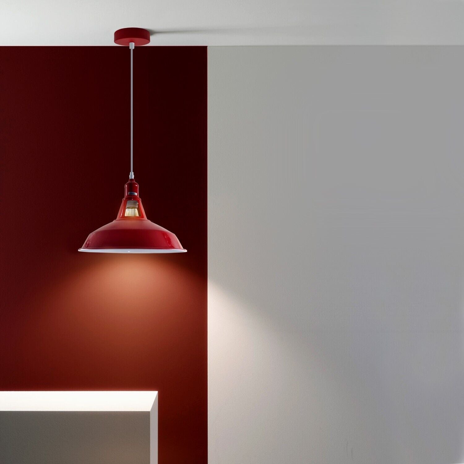 Modern Barn Shape E27 Red Ceiling Pendant Light Shade with metal shade and PVC cable, perfect for various indoor spaces.