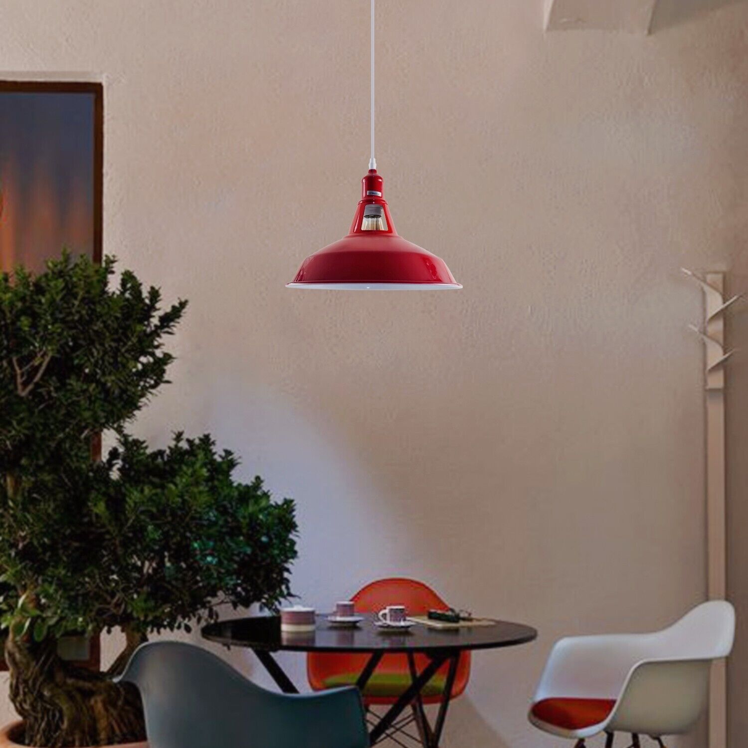 Modern Barn Shape E27 Red Ceiling Pendant Light Shade with metal shade and PVC cable, perfect for various indoor spaces.