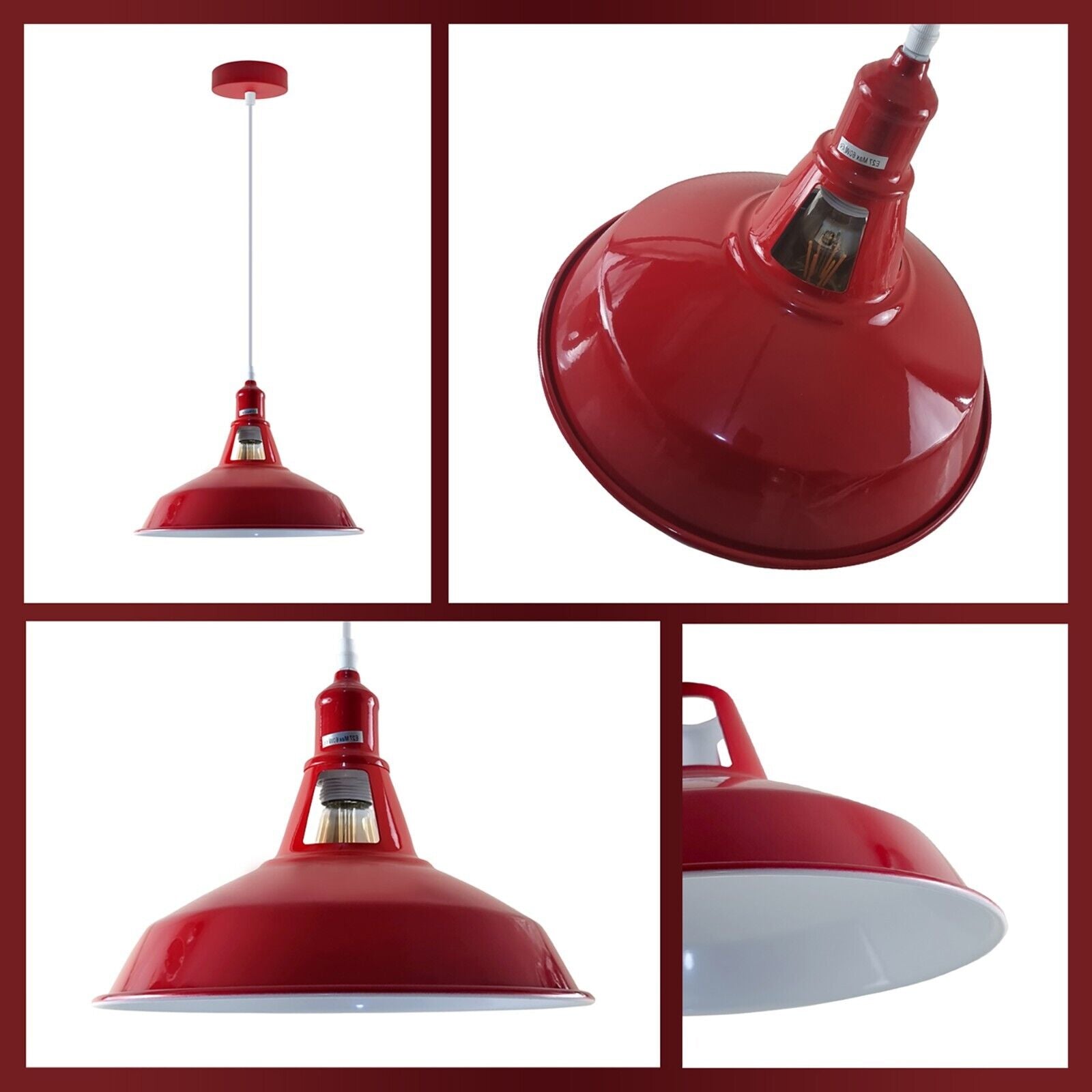 Modern Barn Shape E27 Red Ceiling Pendant Light Shade with metal shade and PVC cable, perfect for various indoor spaces.