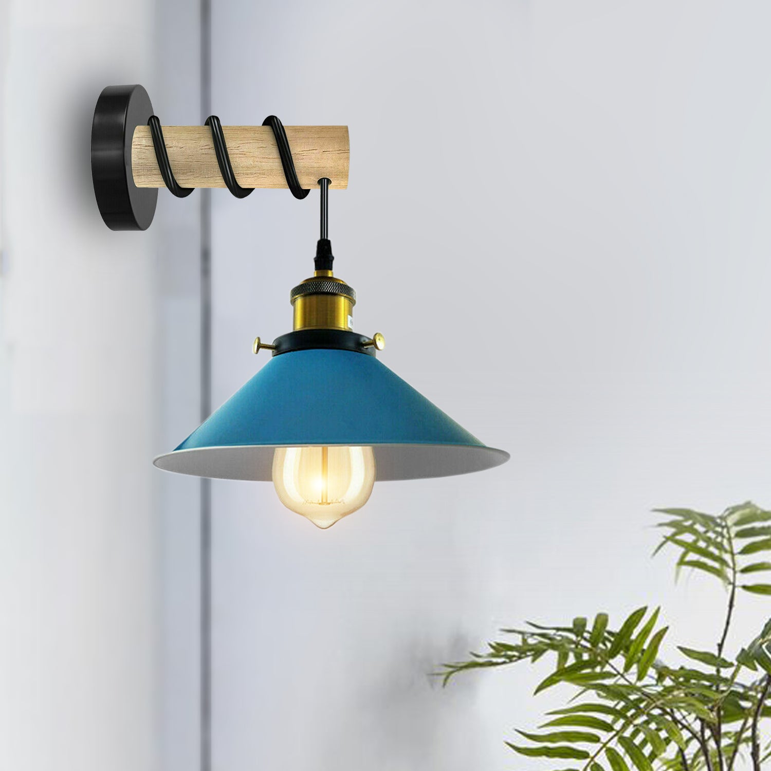 Modern chandelier with solid wooden arm and blue cone shade, showcasing rustic elegance and contemporary design.