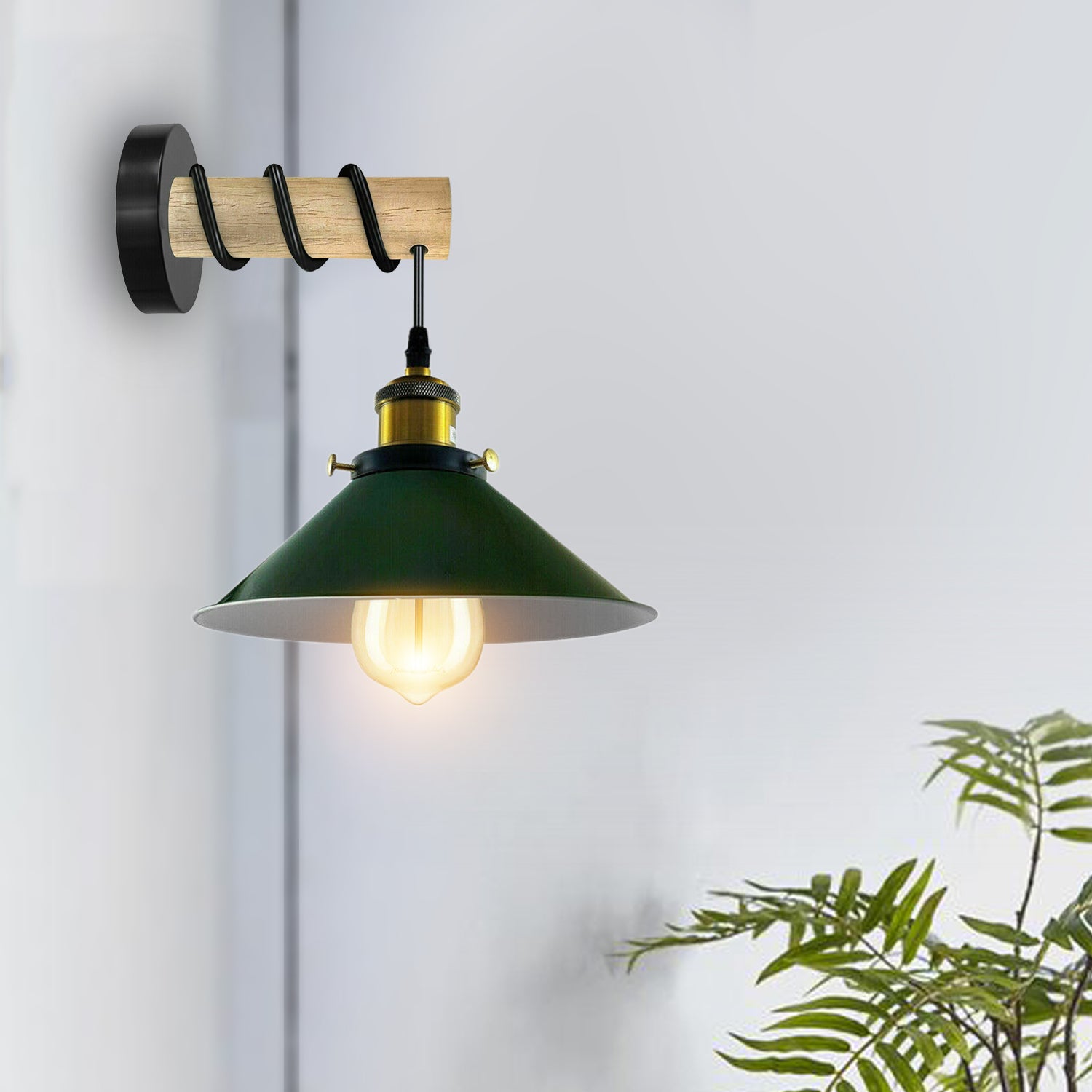 Modern chandelier featuring a solid wooden arm and a green cone shade, perfect for stylish home decor.