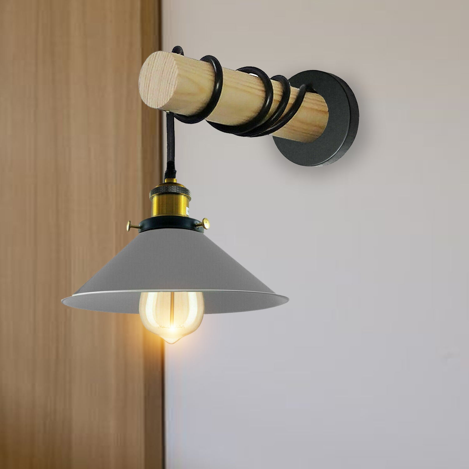 Modern chandelier with solid wooden arm and grey cone shade, perfect for stylish home decor.