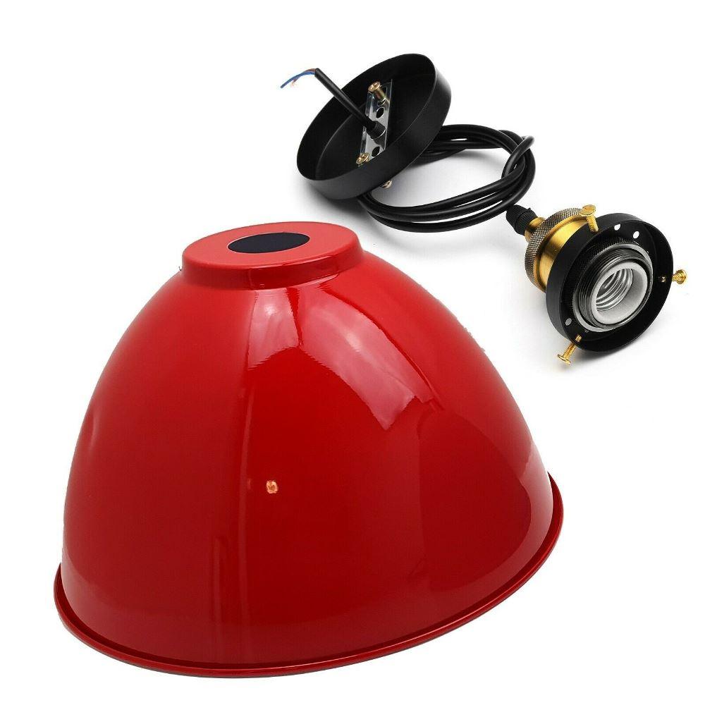 Modern Gloss Red Metal Dome Pendant Ceiling Light Shade with black fabric wire, showcasing a stylish industrial design.