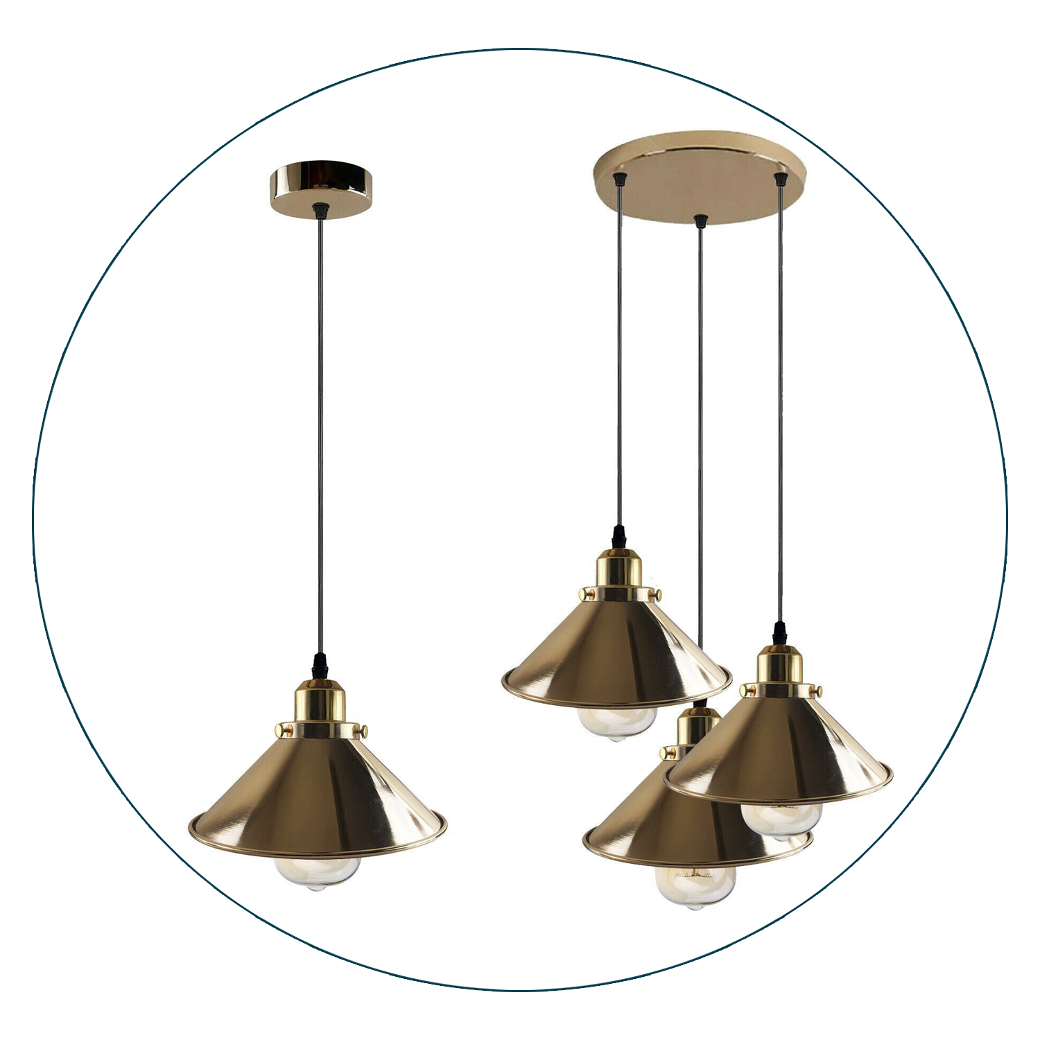 Modern Industrial French Gold Hanging Ceiling Pendant Light with metal cone design, showcasing its elegant finish and installation hardware.